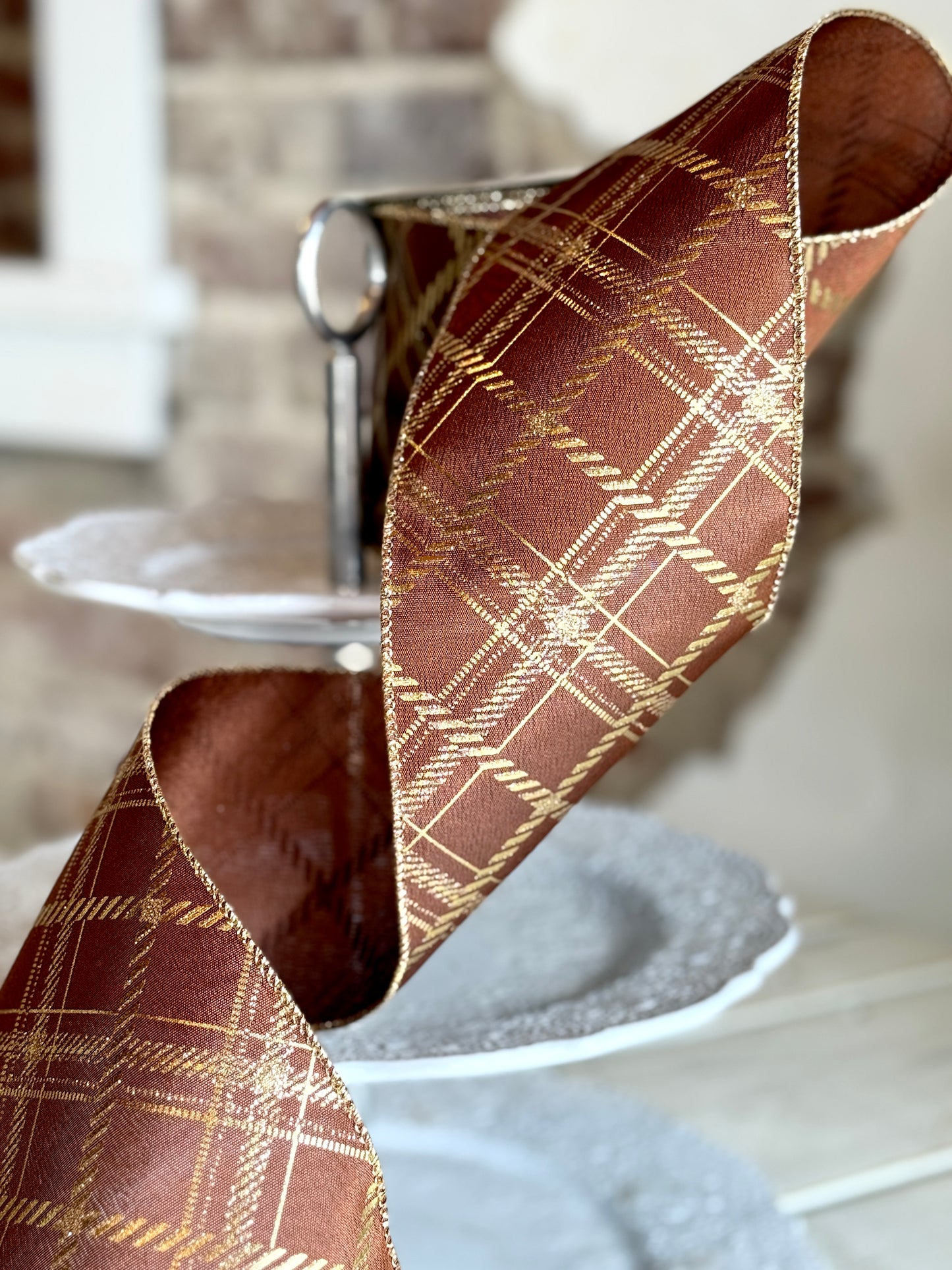 4” Diagonal Cut Plaid, Brown/Gold