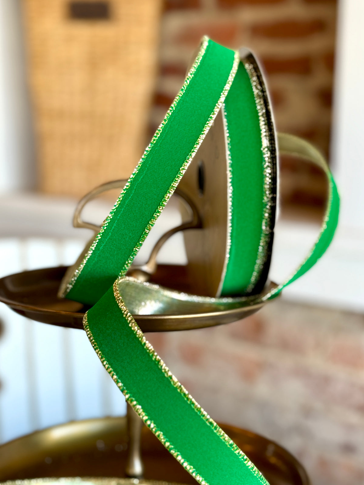 1" wide, flocked velvet metallic gold back, forest green - SOLD BY THE YARD