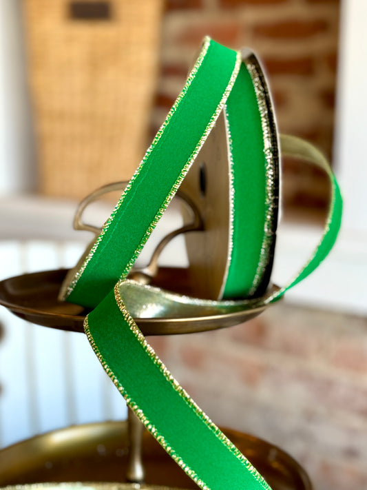 1" wide, flocked velvet metallic gold back, forest green - SOLD BY THE YARD
