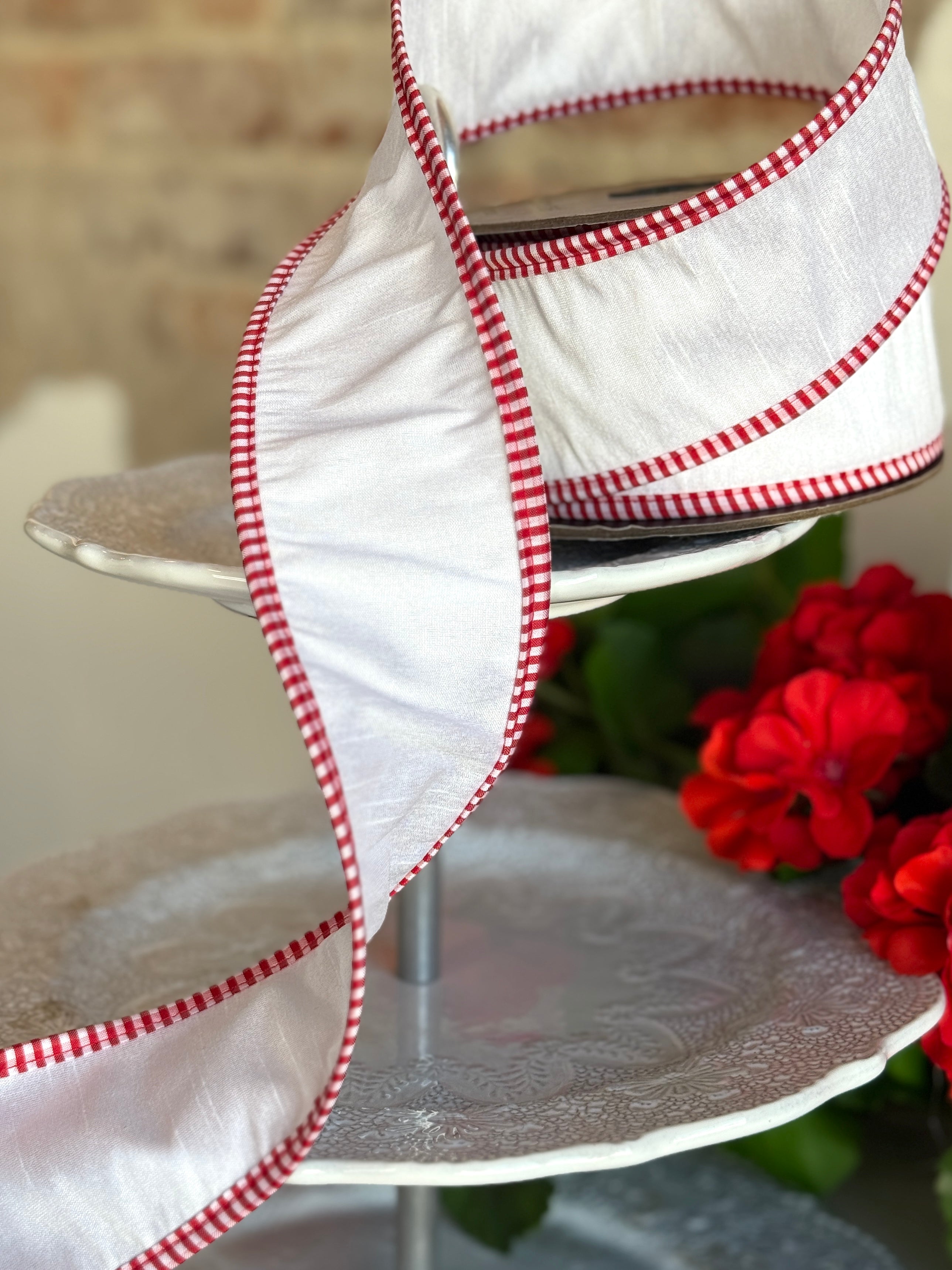 2.5" faux dupion red-white check edge, pearl white