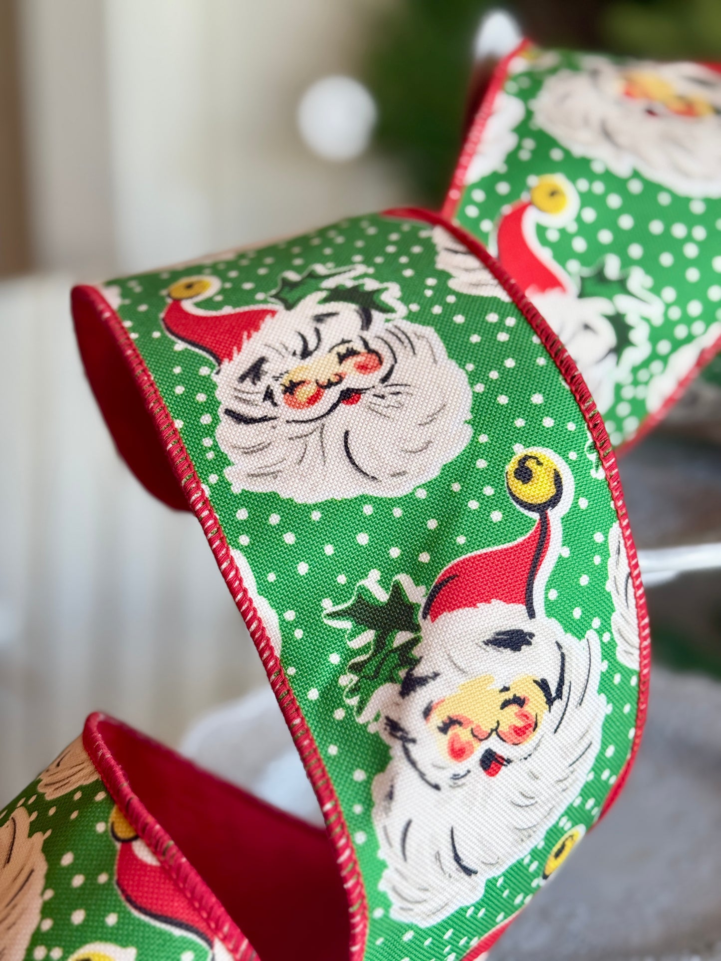 4" SANTA FACE/POLKA DOT RIBBON -SOLD BY THE YARD