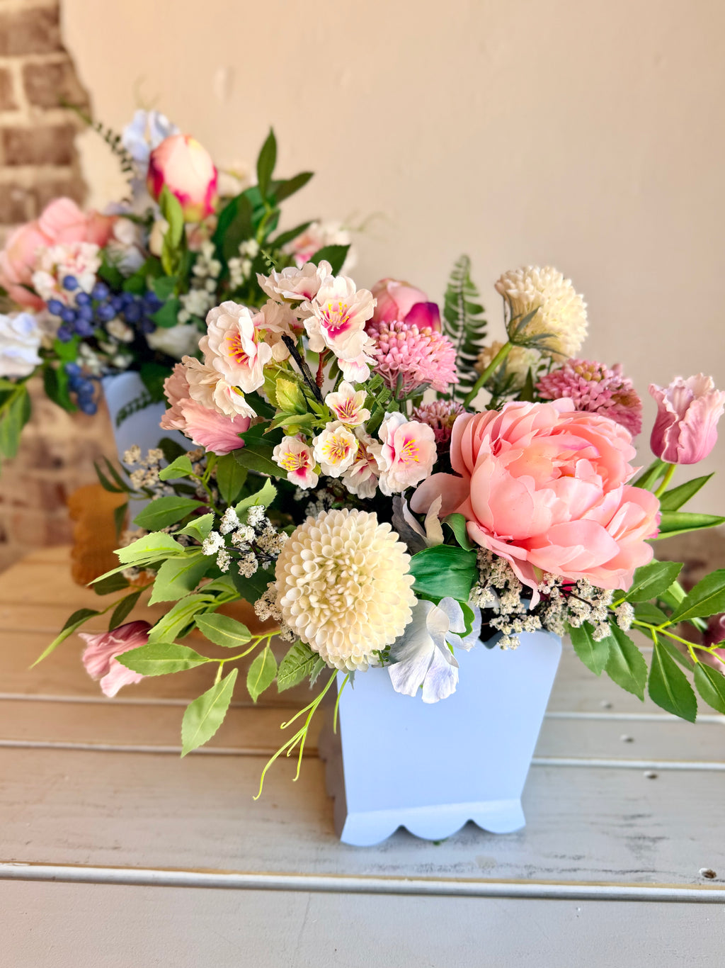 Blue Scalloped Mixed Blooms Arrangement- Medium