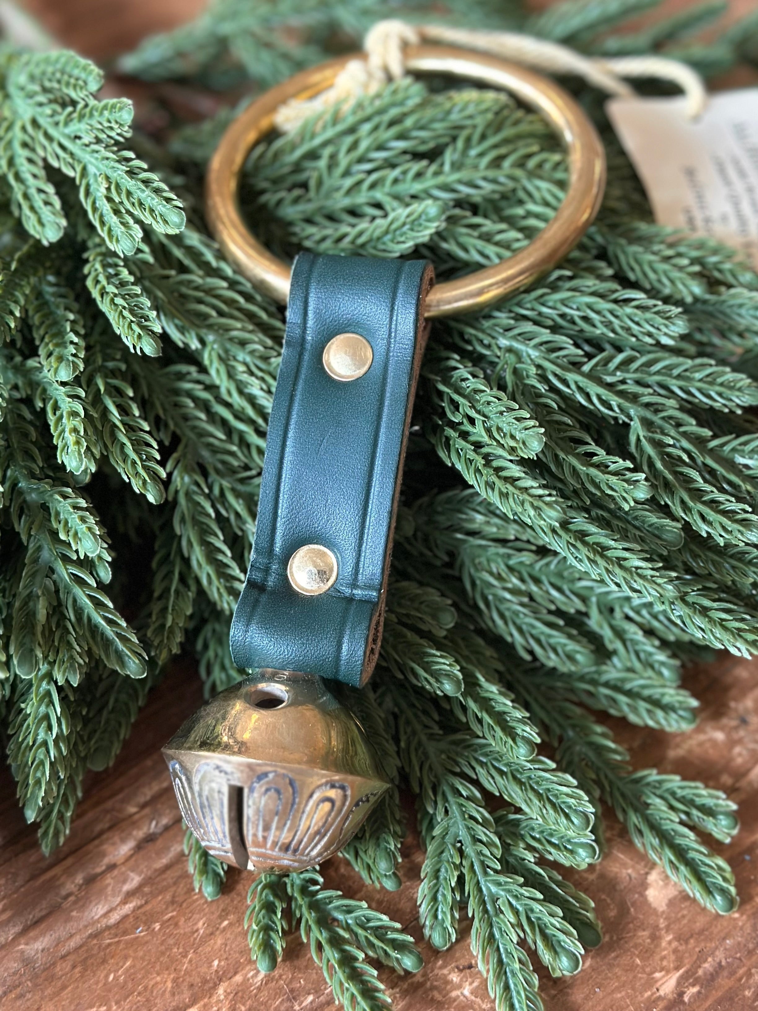Brass Bell on Leather Strap with Ring- Forest Green Leather