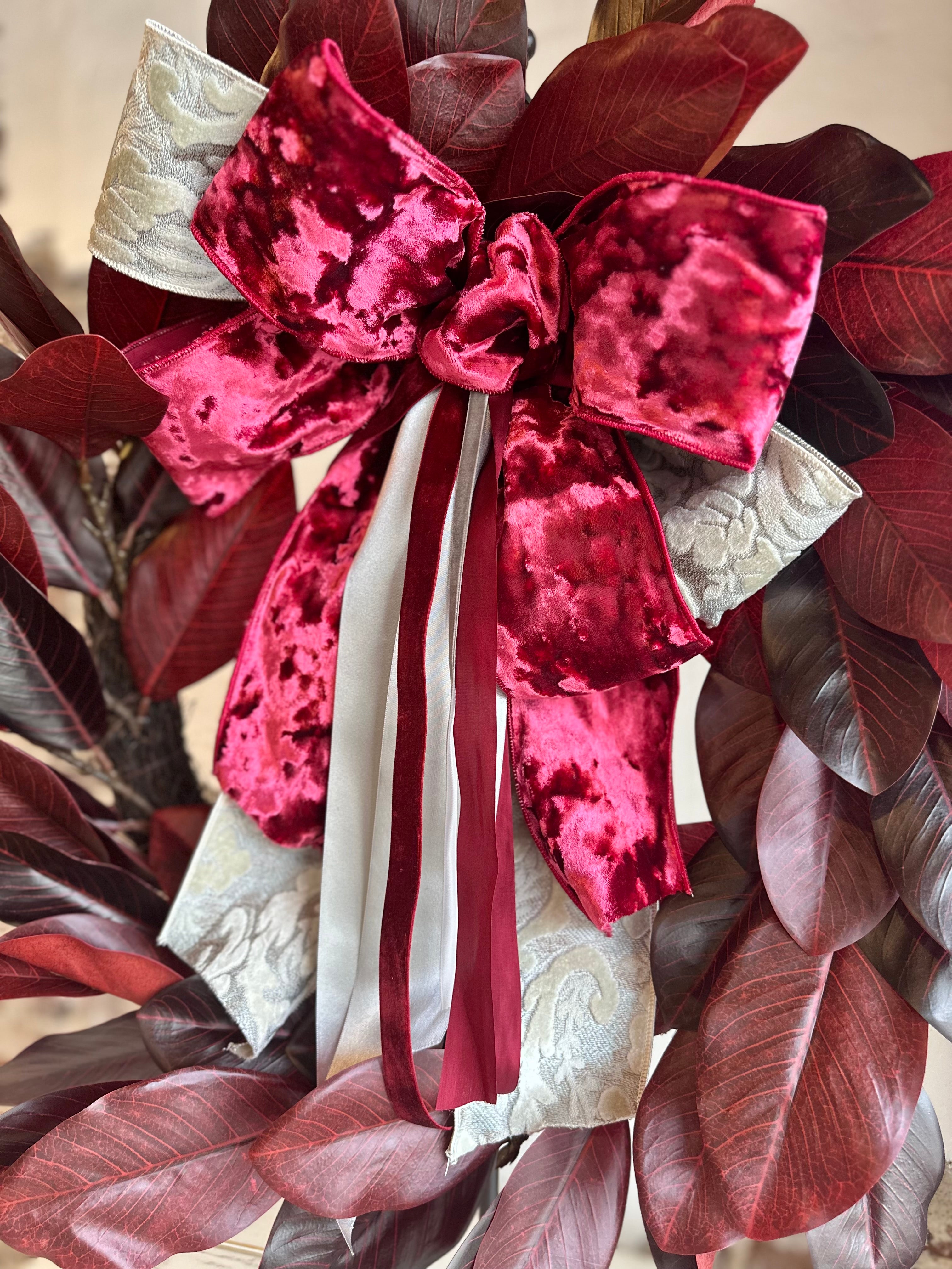 Cream Jacquard Acanthus Ribbon and Burgundy Magnolia Wreath
