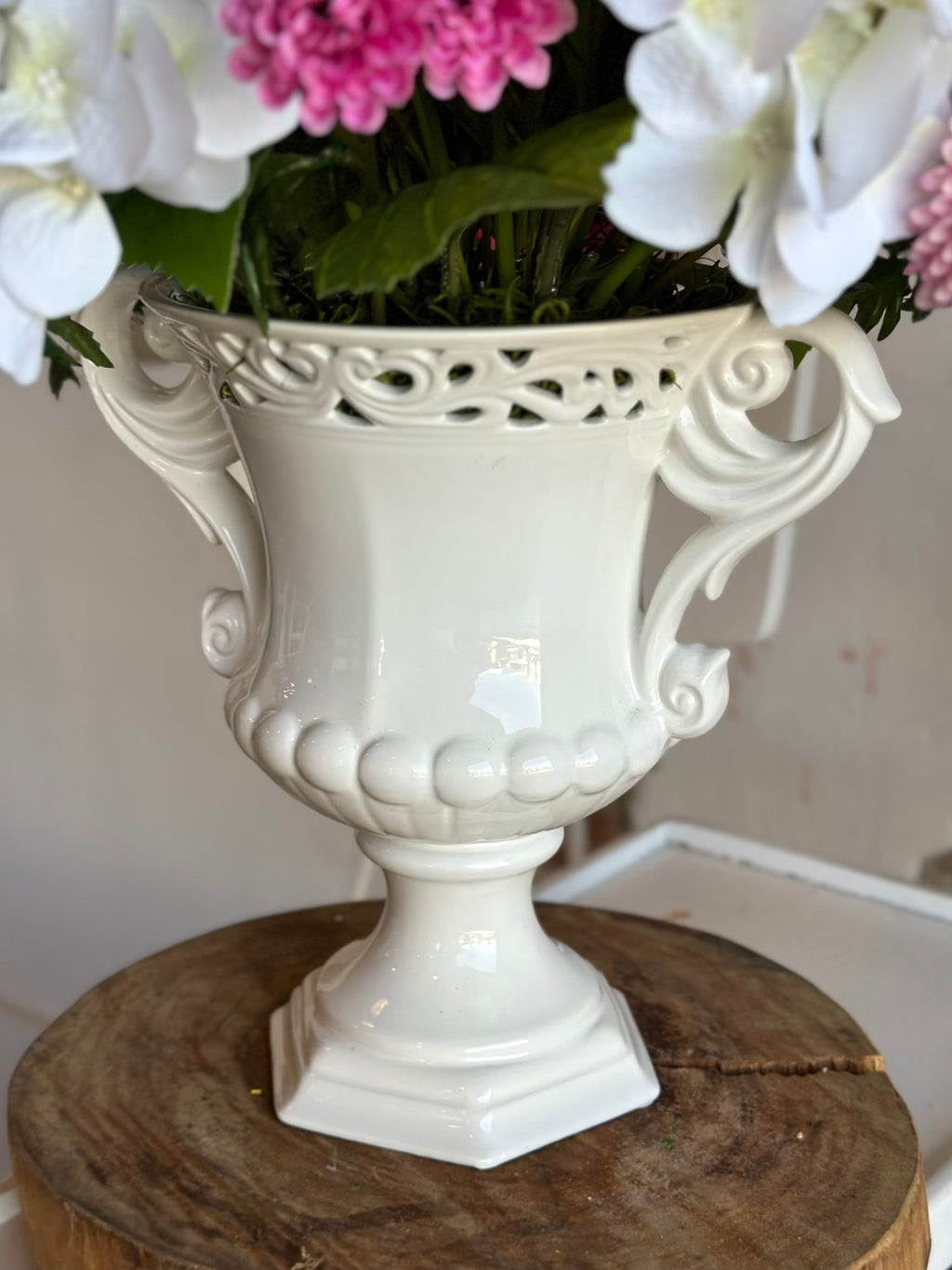 White Hydrangea & Pink/Purple Scabiosa in White Handle Vase