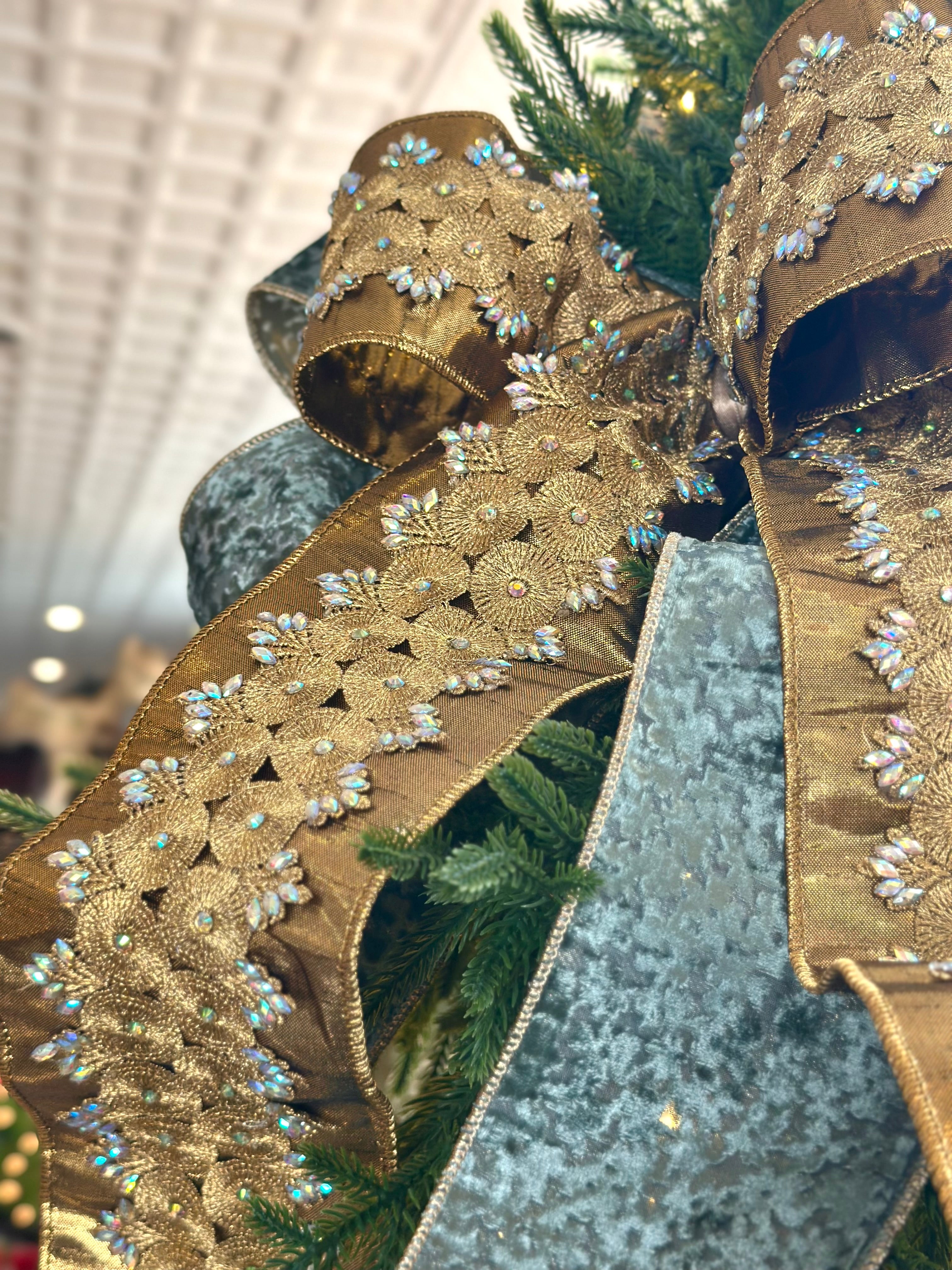 Gold Sequin & Celadon Blue Large Tree Bow