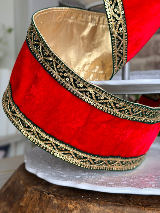 4" SEQUIN TRIM VELVET RIBBON - SOLD BY THE YARD