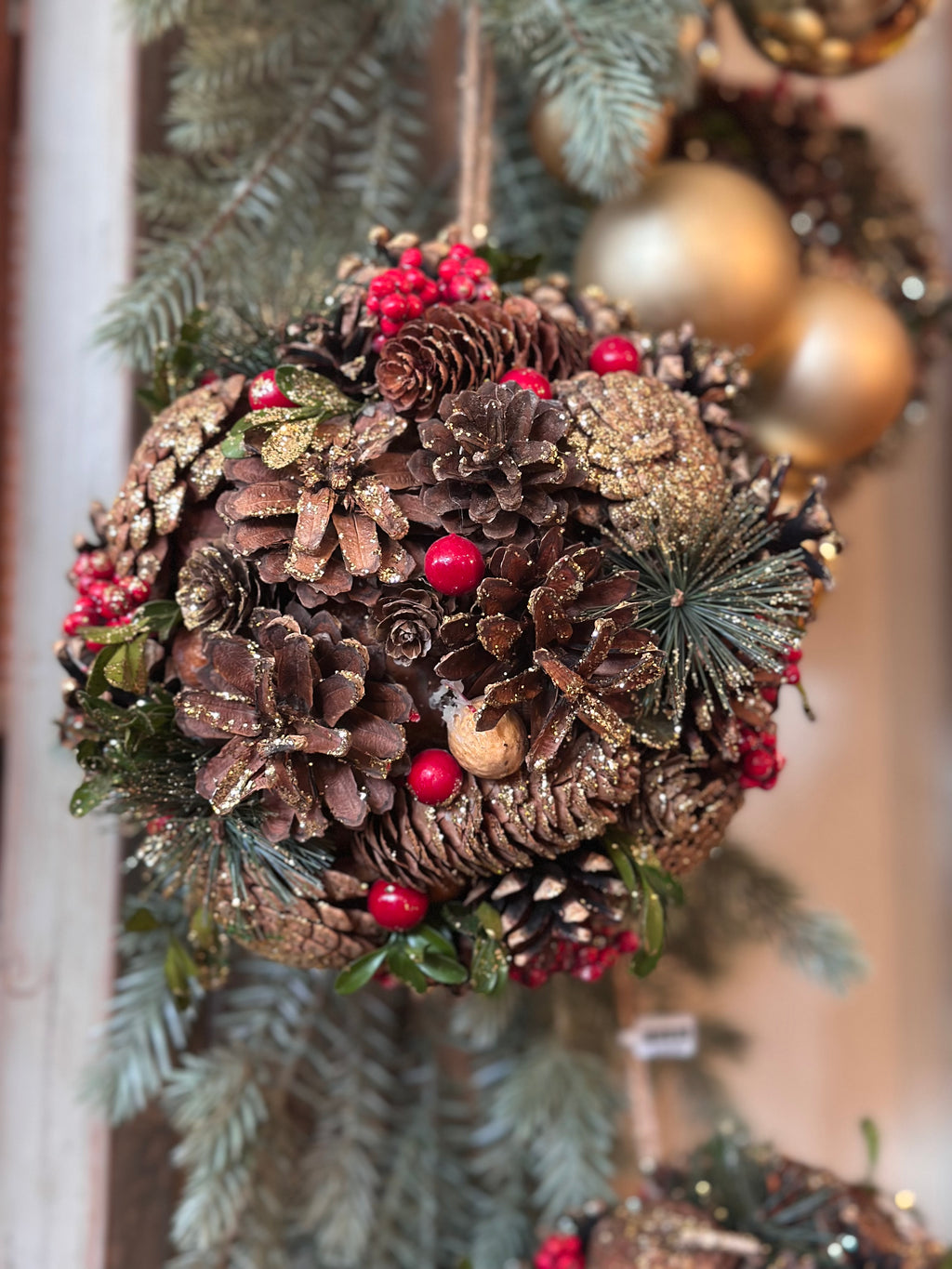 7.5" Red Berries & Gold Glitter Cone Ball