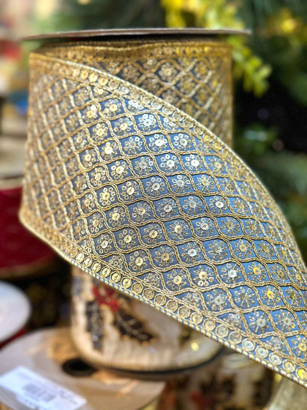 4.5" Dupion Bourges Gold Sequin Bullion Trim, Dusty Blue