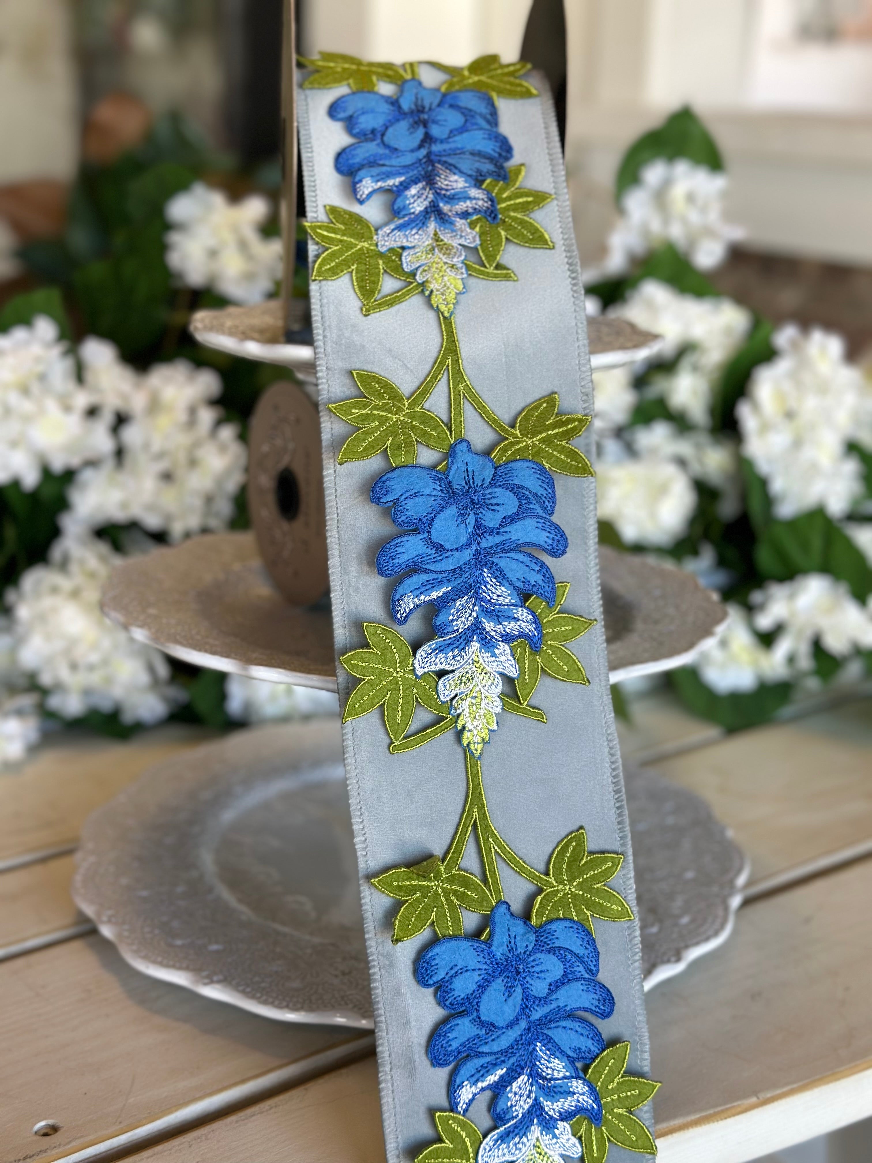 4" Wide, felt embroidery texas bluebonnets, blue green