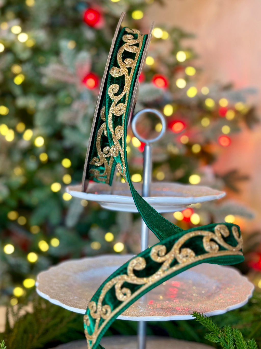 1" Velvet Gold Glitter Scroll Trim, Emerald