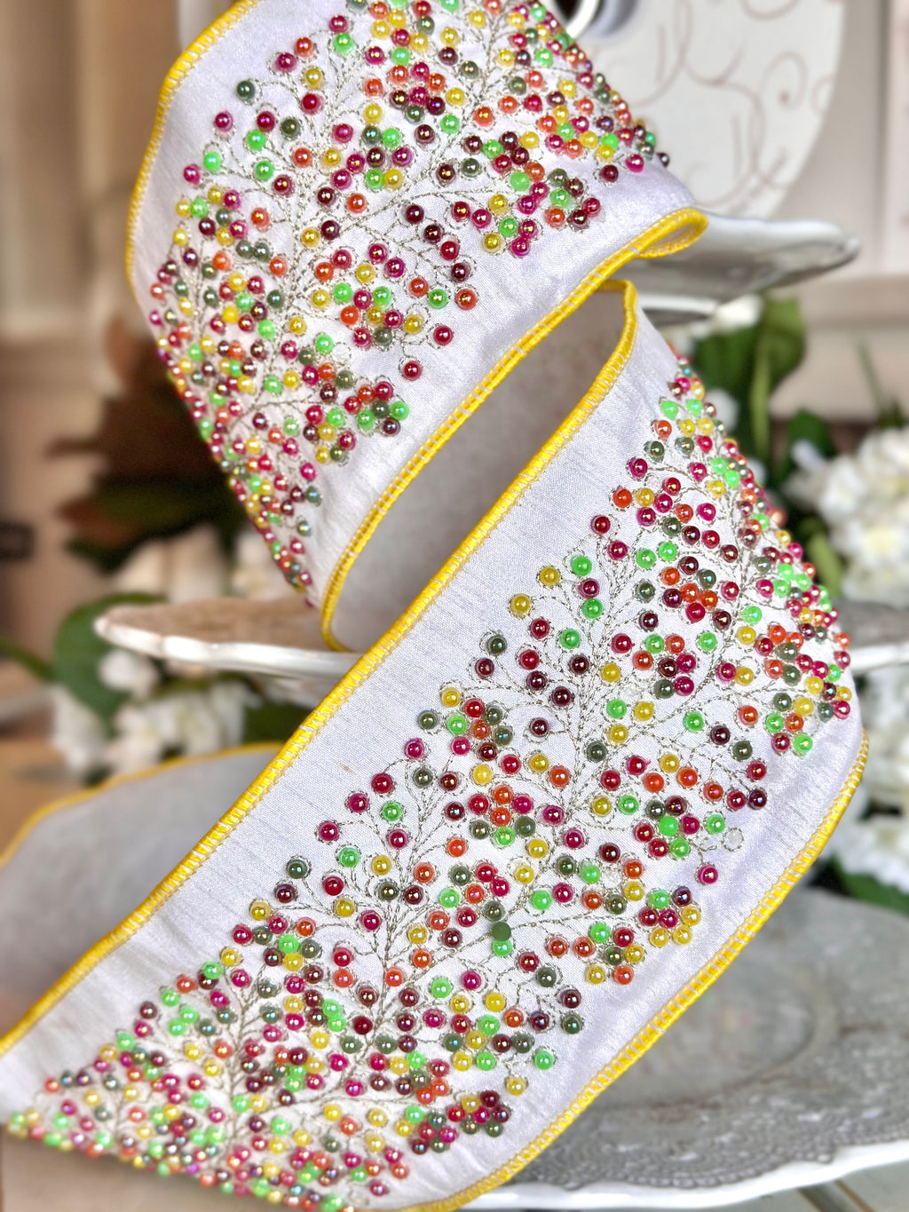 4" Wide, Multicolor Beads On Ivory Ribbon Yellow Edge