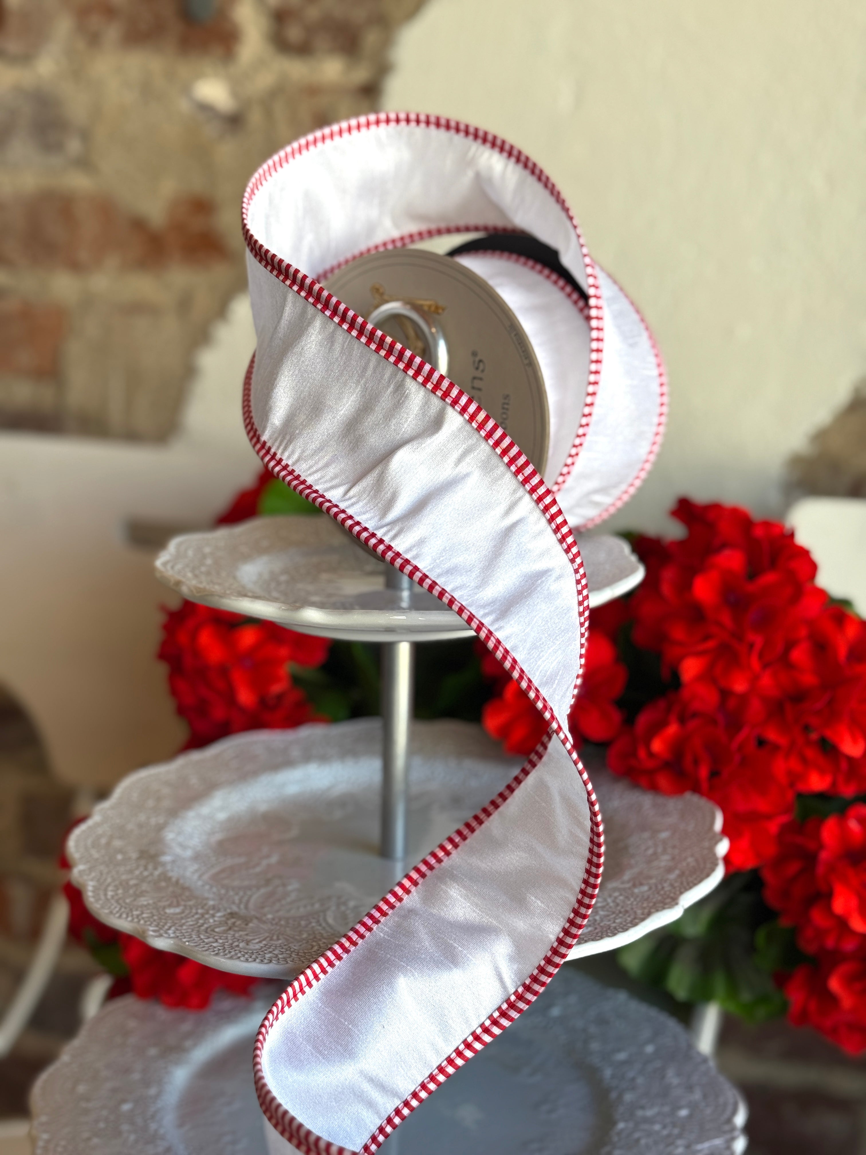 2.5" faux dupion red-white check edge, pearl white