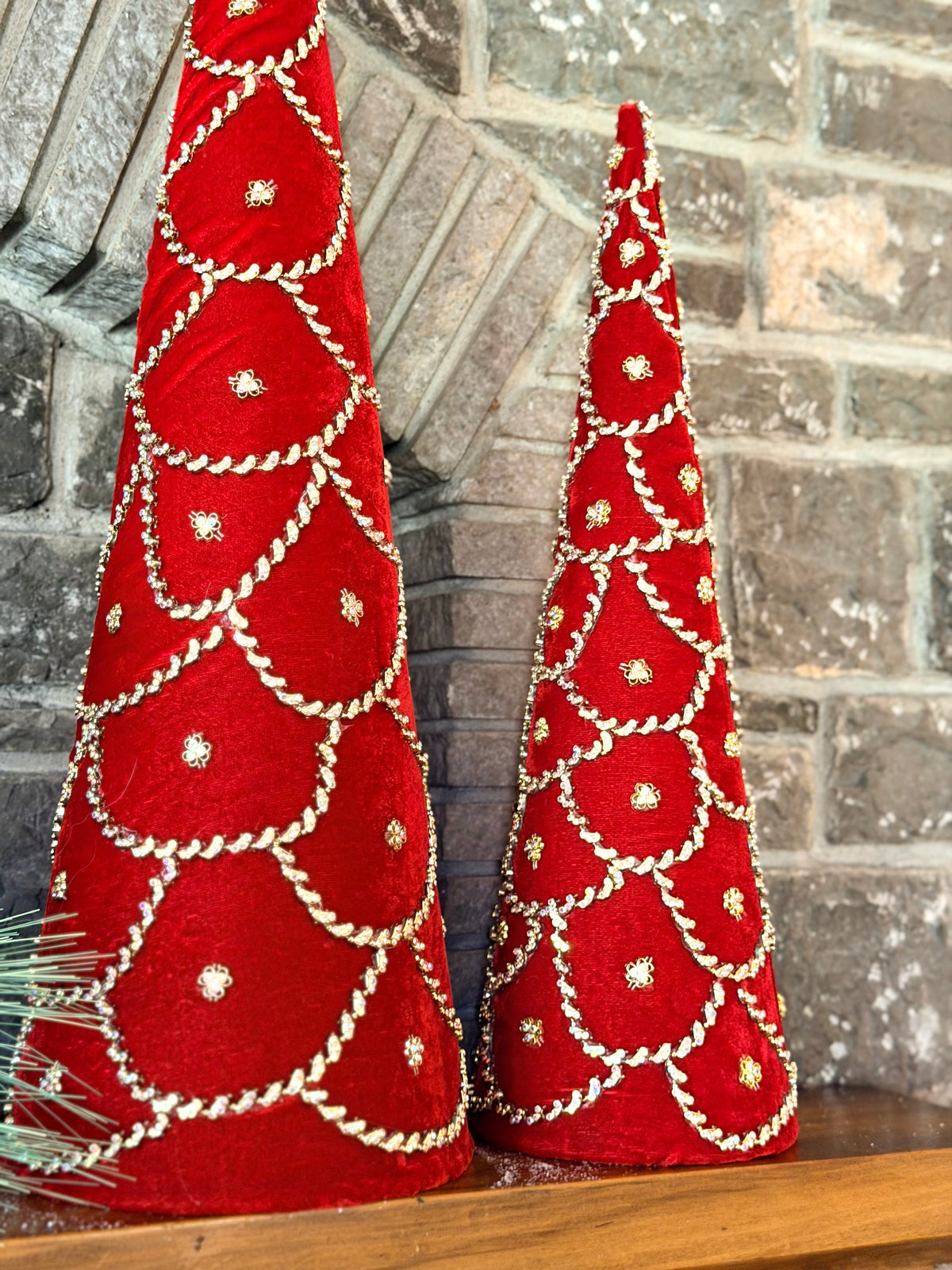 RED JEWELED SCALLOPED VELVET CONE TREE- RED