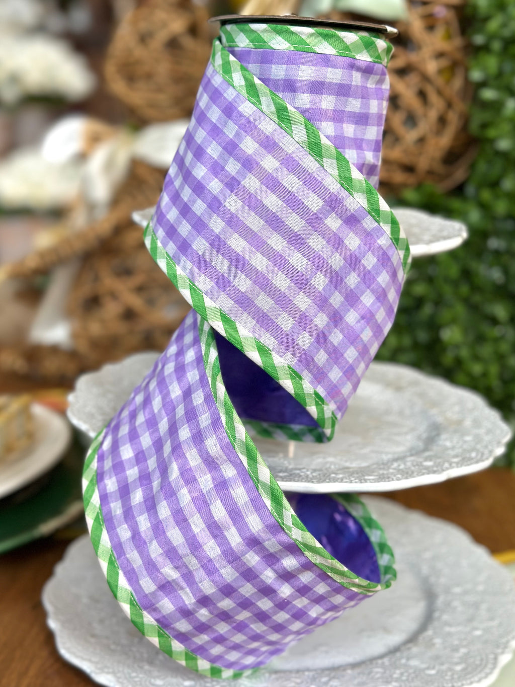 4" Spring Gingham w/Border Ribbon - Lavender Green