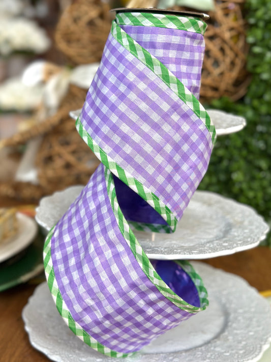 4" Spring Gingham w/Border Ribbon - Lavender Green, 5 yard roll