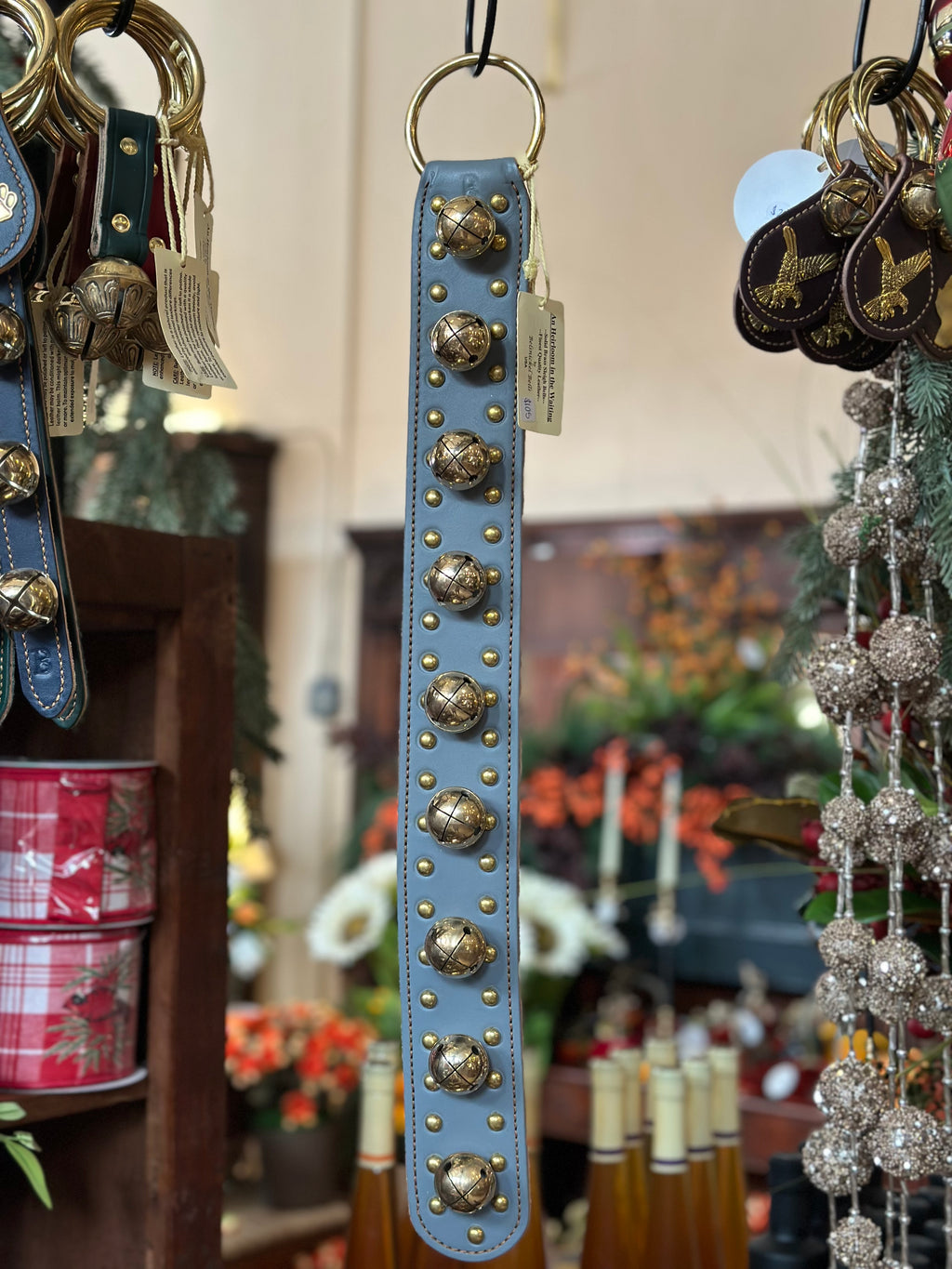 Dusty Blue Leather with Medium Brass Bells