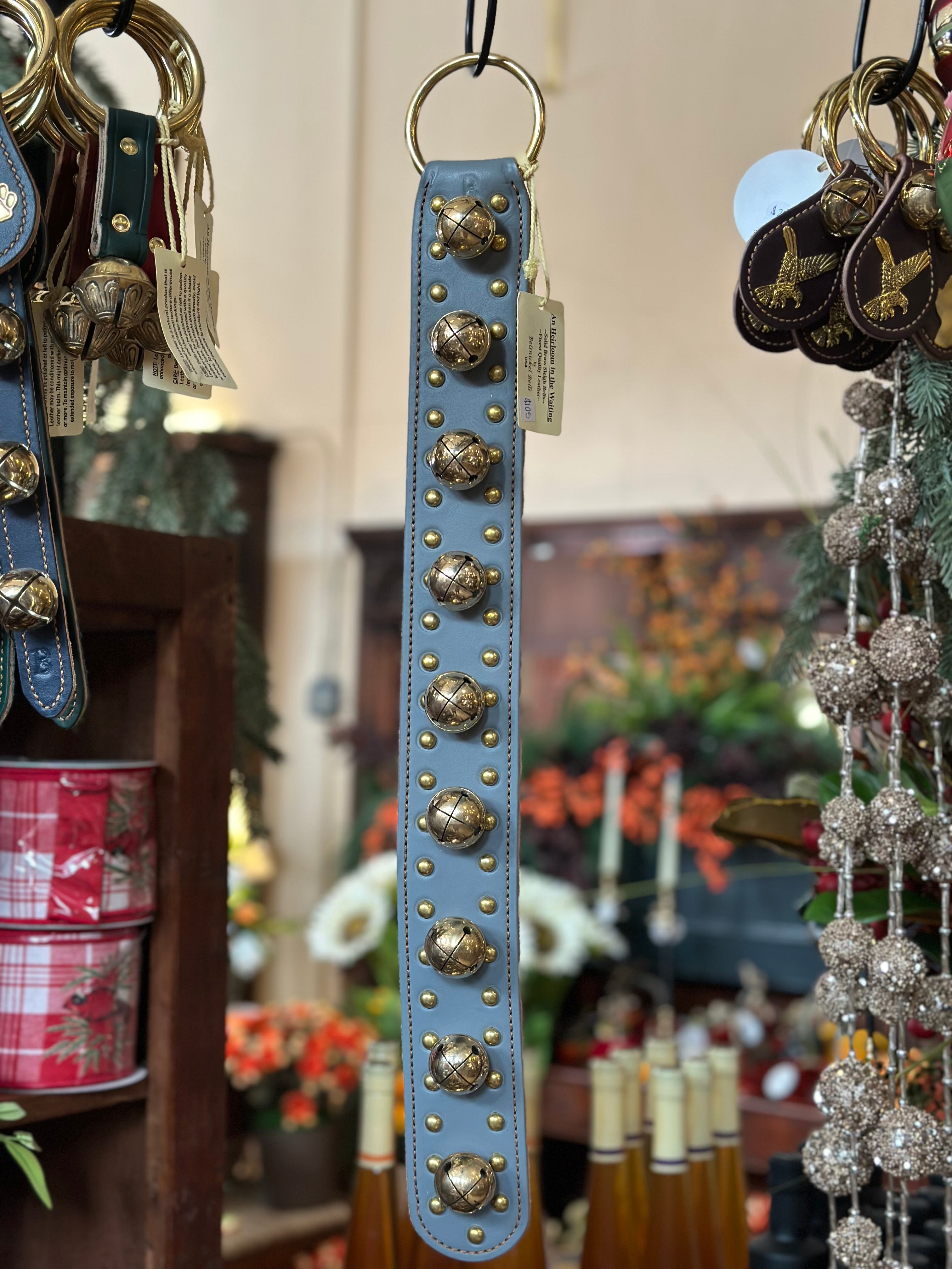 Dusty Blue Leather with Medium Brass Bells
