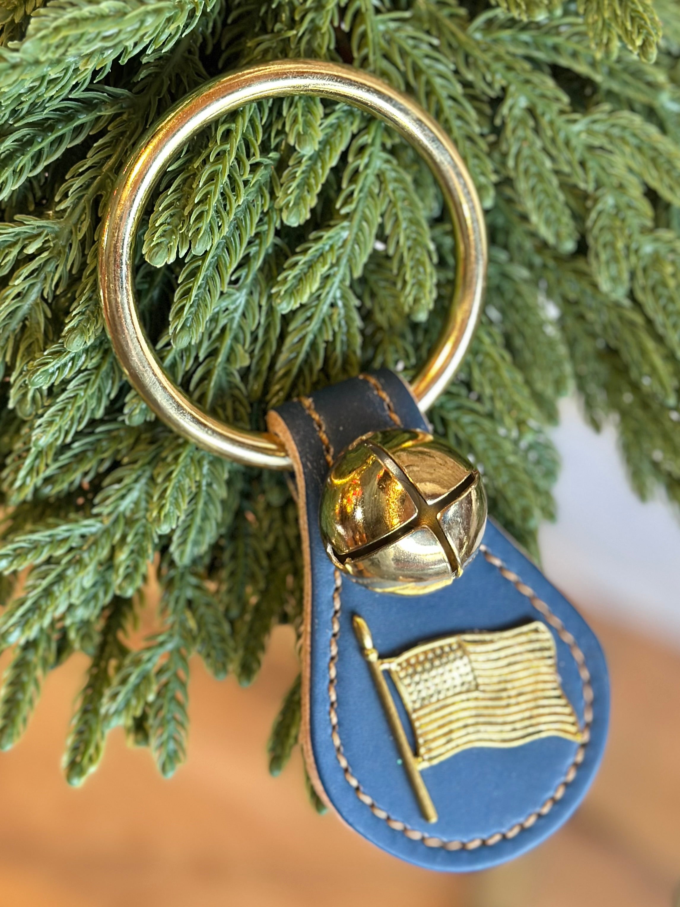 Flag with Single Brass Bell on Ring- Blue Leather