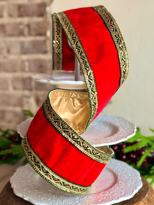 4" SEQUIN TRIM VELVET RIBBON - SOLD BY THE YARD
