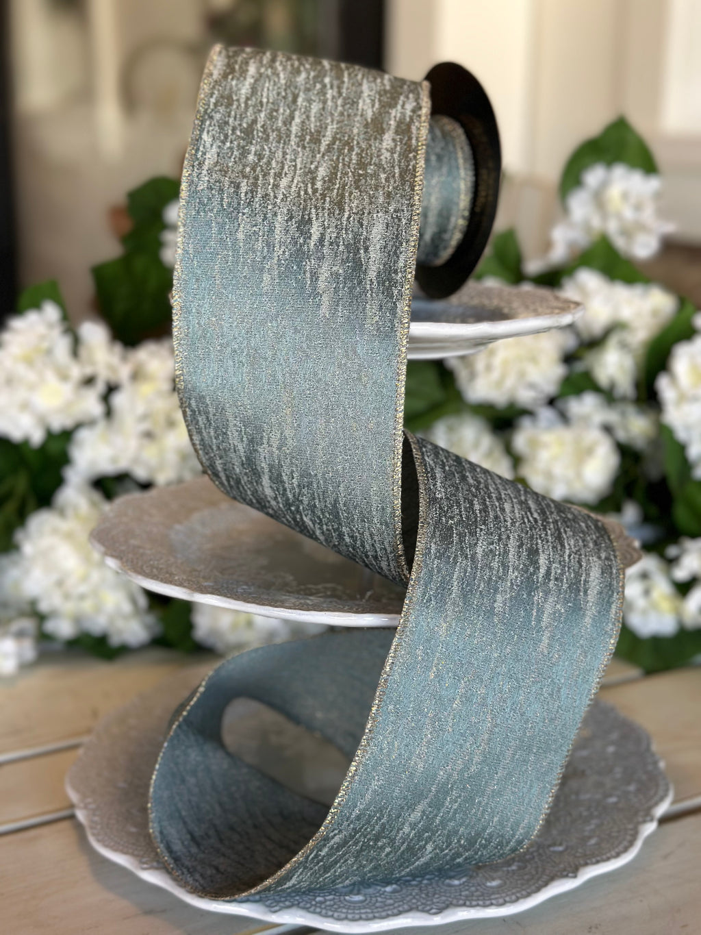 4" Wide, metallic jacquard frosted gold blue