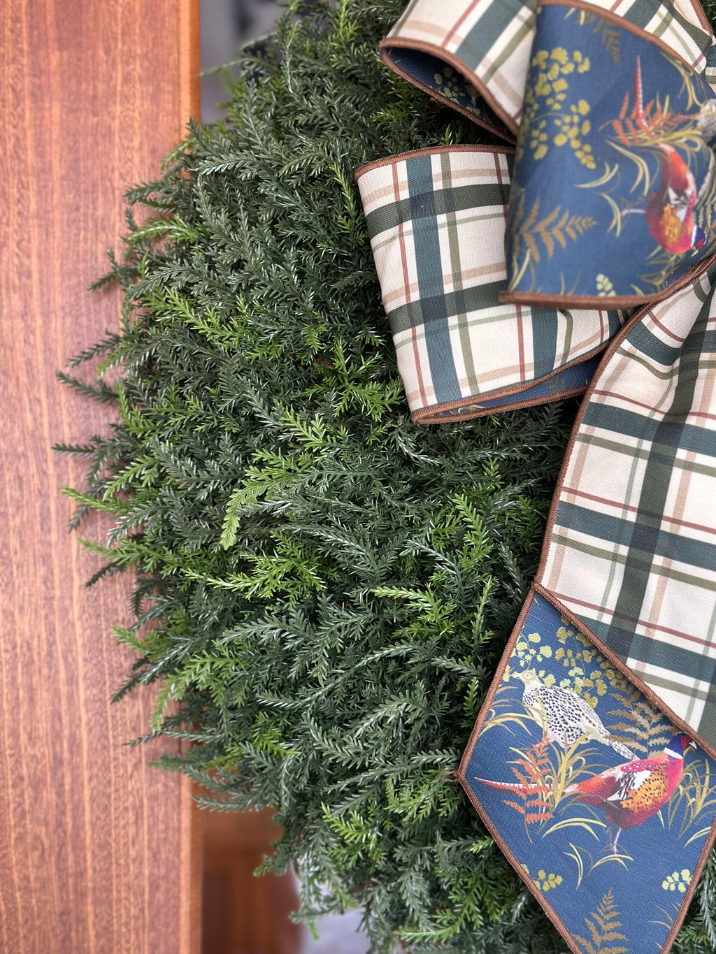 Pheasants and Plaid Bow with Cedar Wreath
