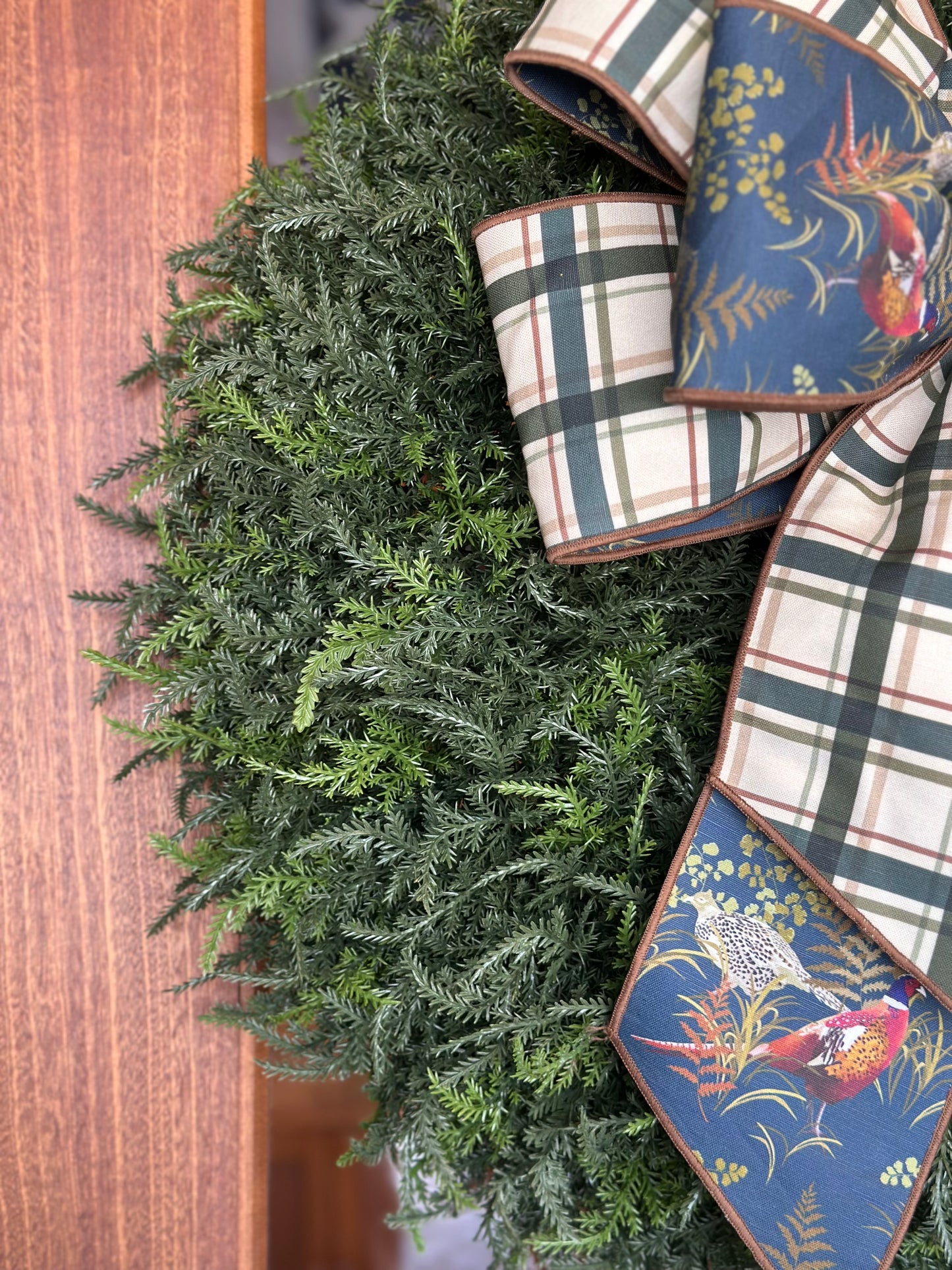 Pheasants and Plaid Bow with Cedar Wreath