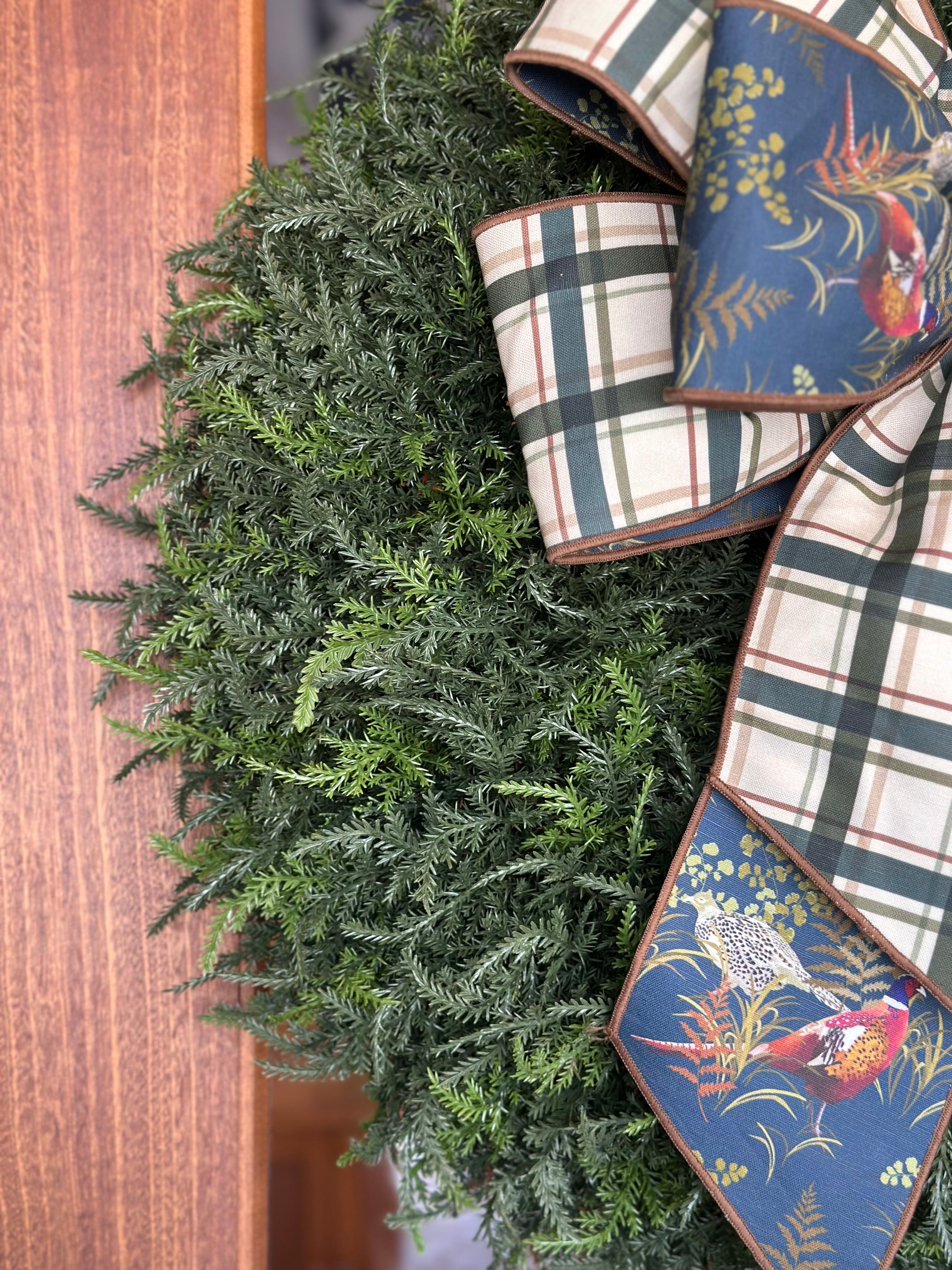 Pheasants and Plaid Bow with Cedar Wreath