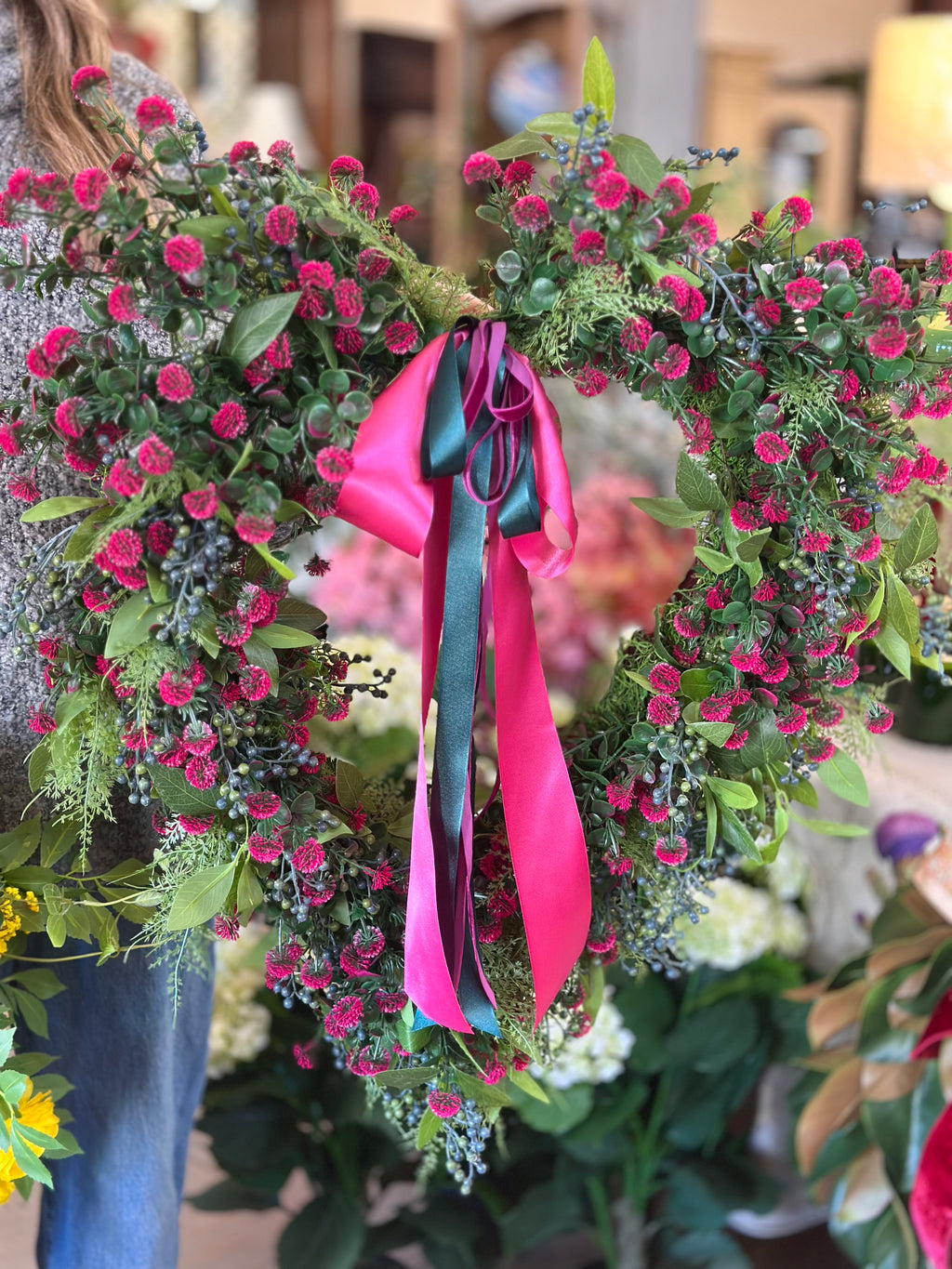 Mini Fuchsia Pom Heart Wreath