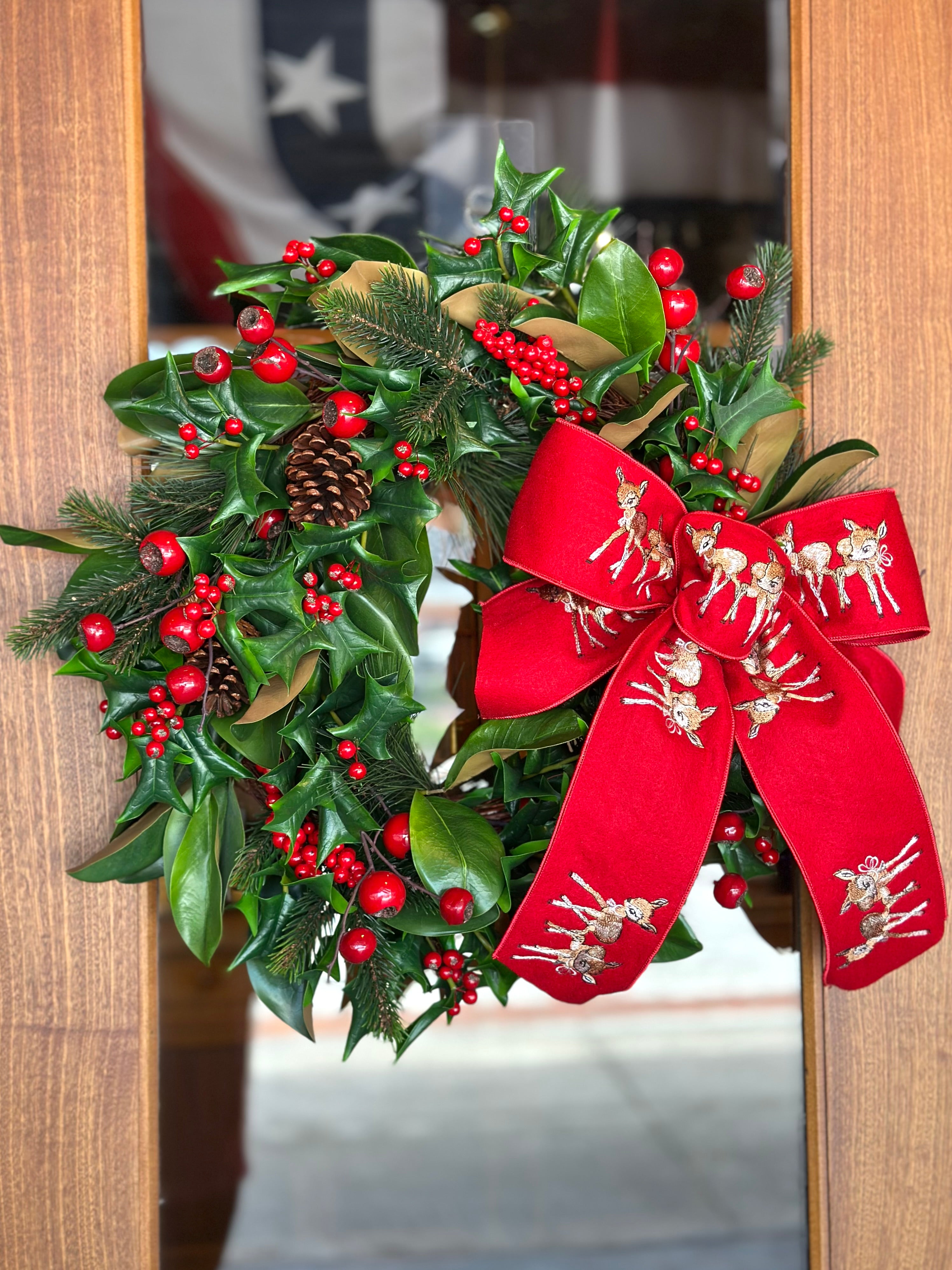 Doe and Holly Wreath with Bow