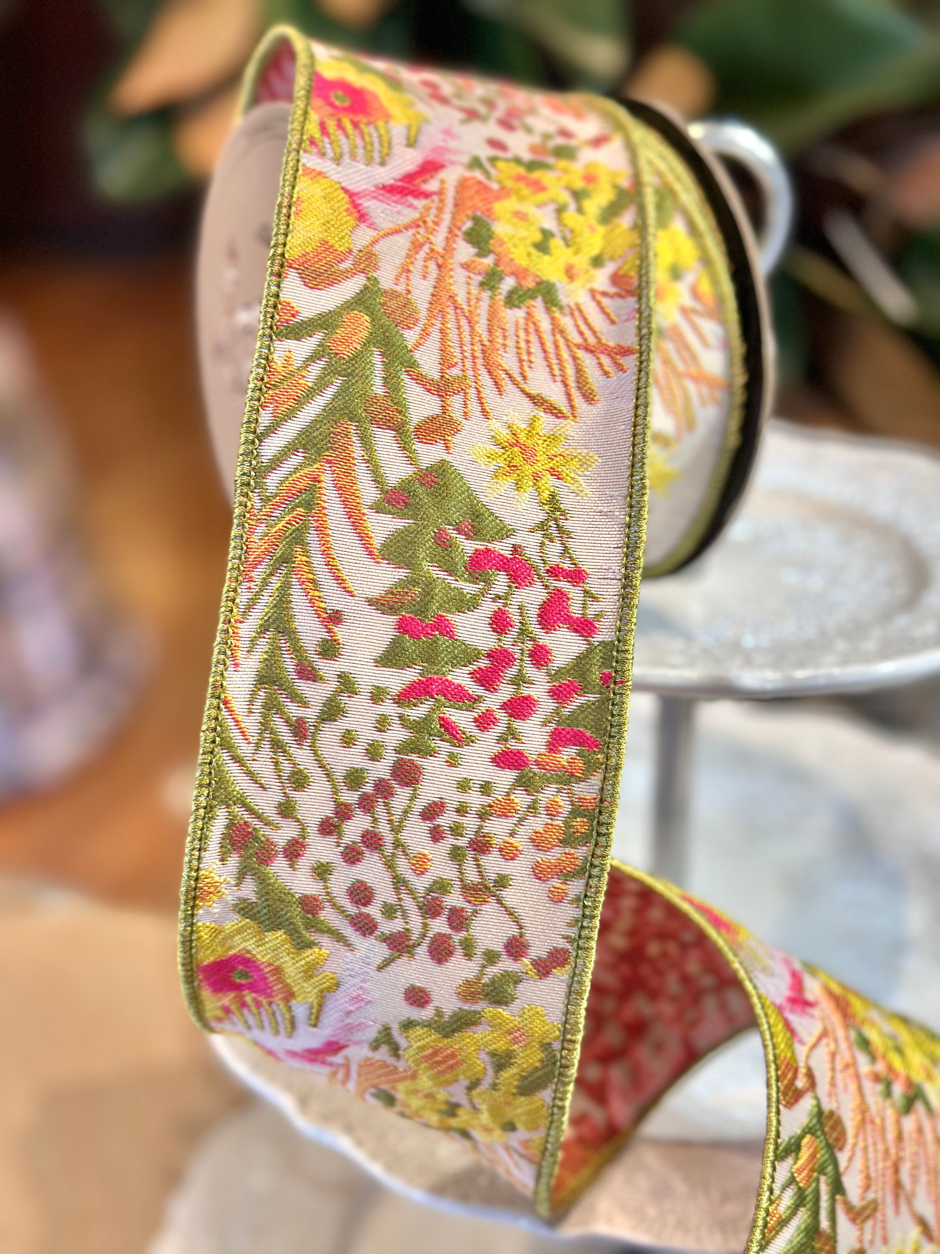 3" Wide, jacquard mix floral, green yellow pink