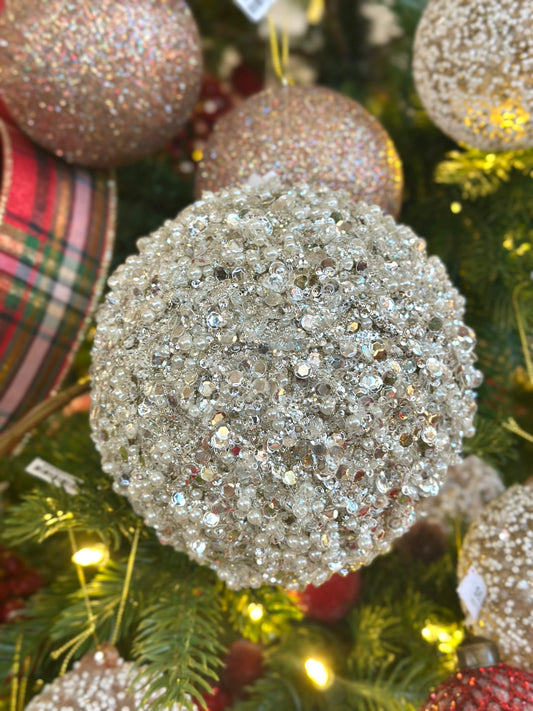6" Glitter with Pearl Pattern Ball Ornament Silver