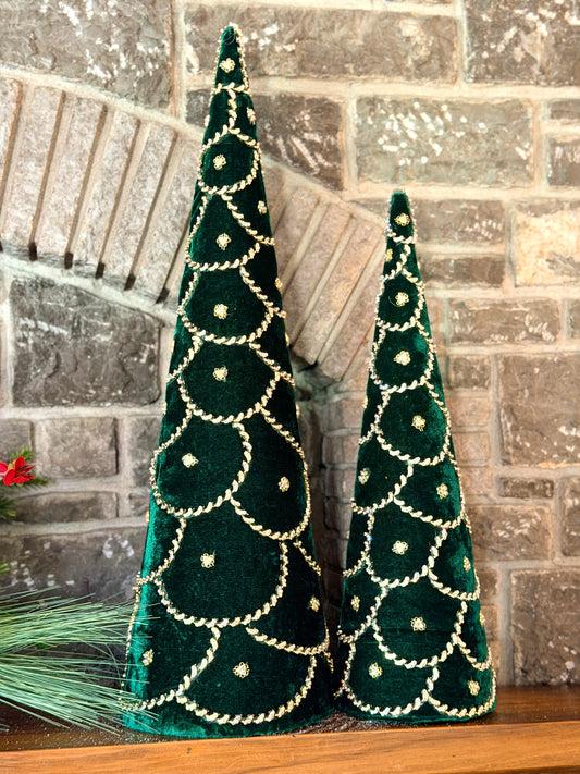 JEWELED SCALLOPED VELVET CONE TREE- GREEN