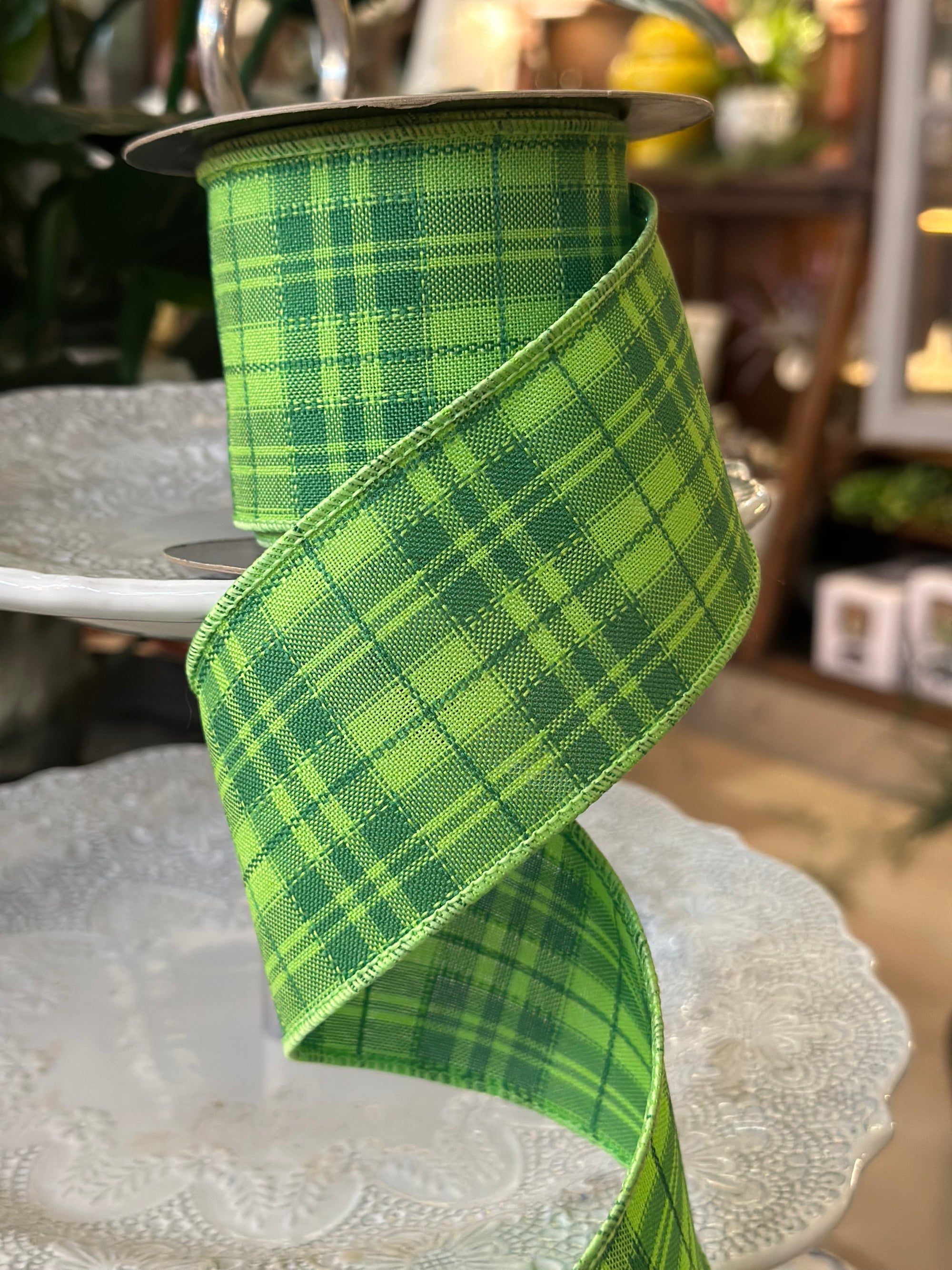 2.5"x10Y Green Plaid, faux linen Ribbon
