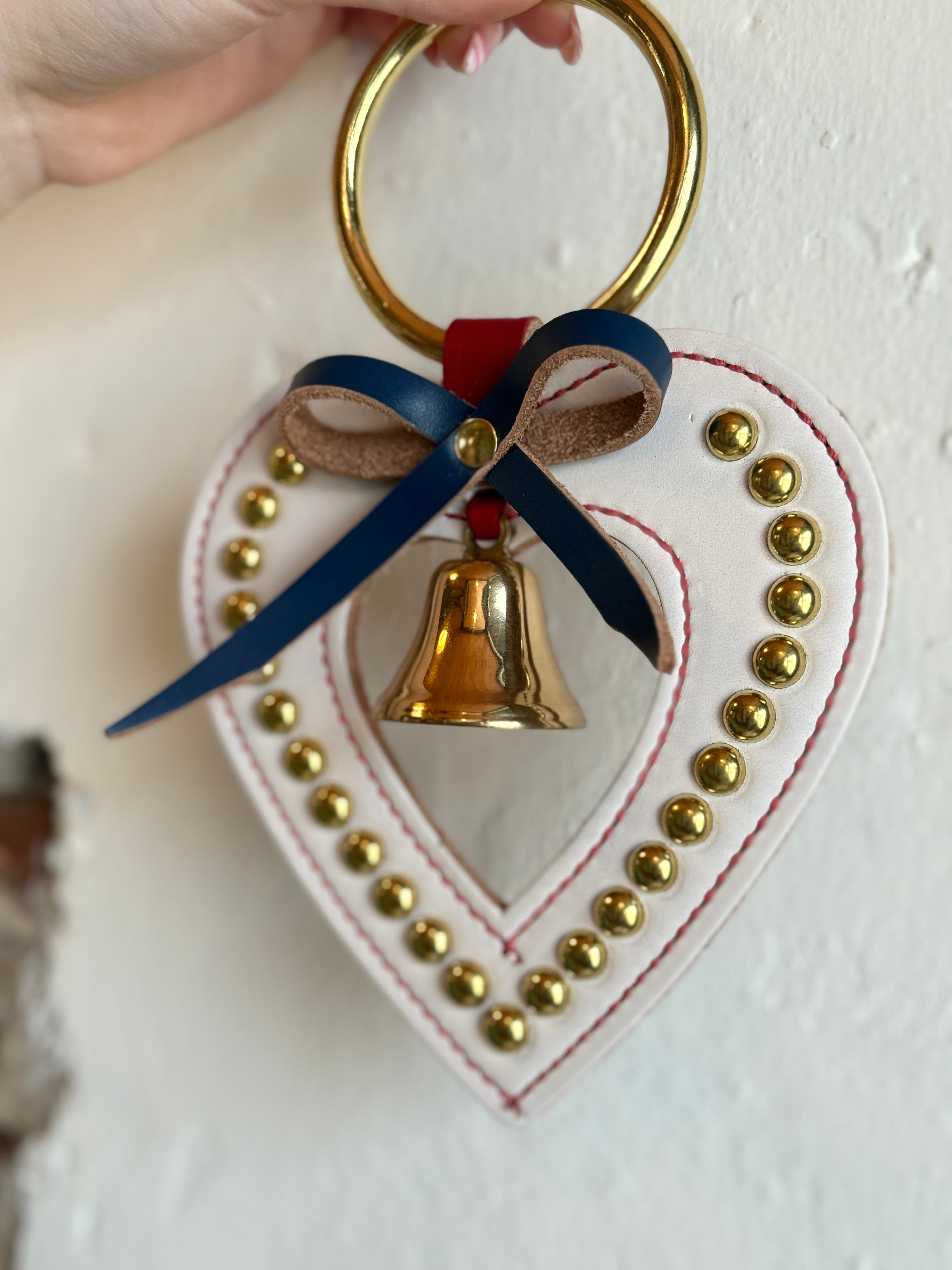 Belsnickel Bells - Open Heart - Studded with Bow, Solid Brass Bow, Lg Ring Top