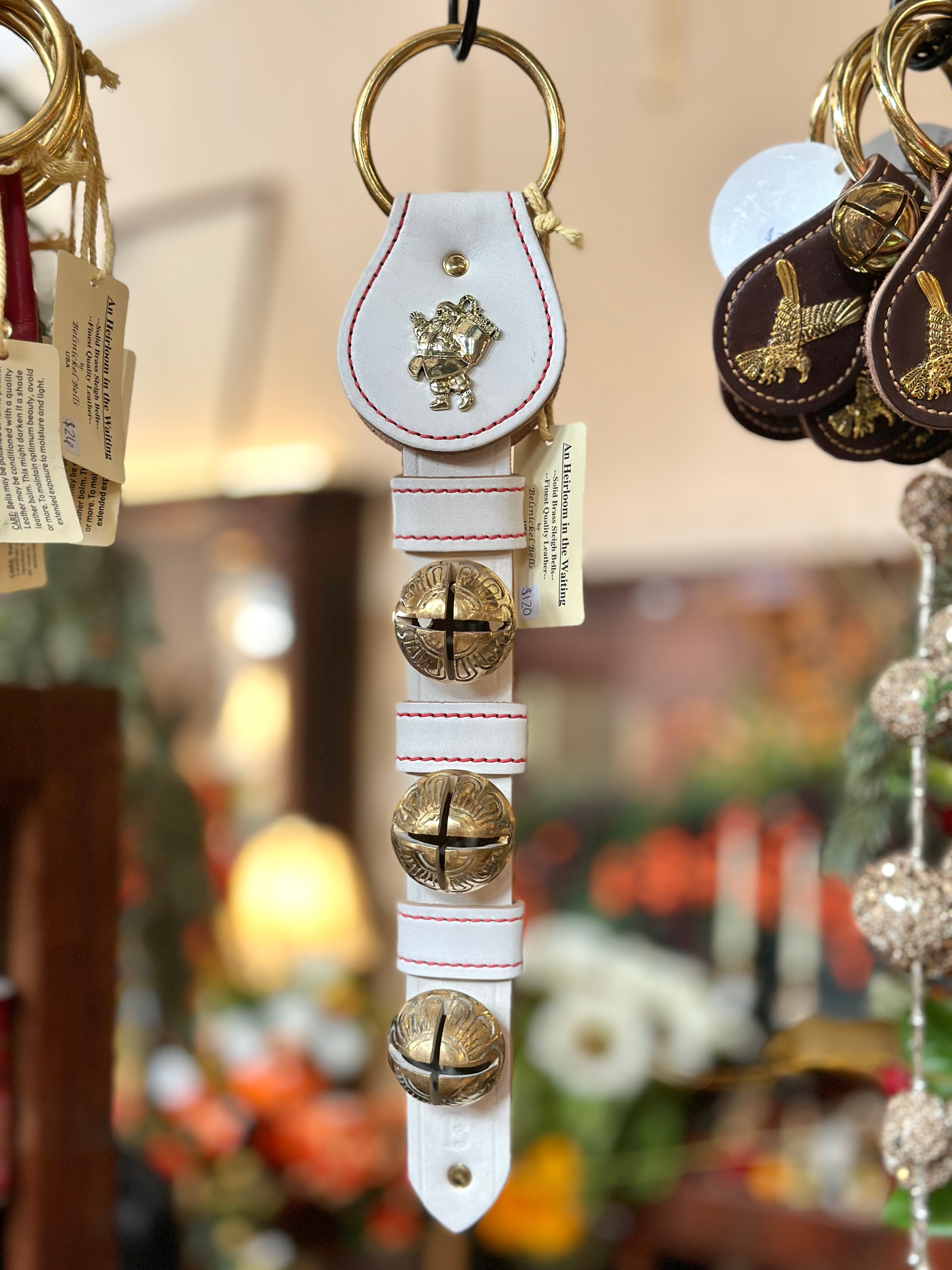 Santa Clause with 3 Brass Bells on Ring- White Leather