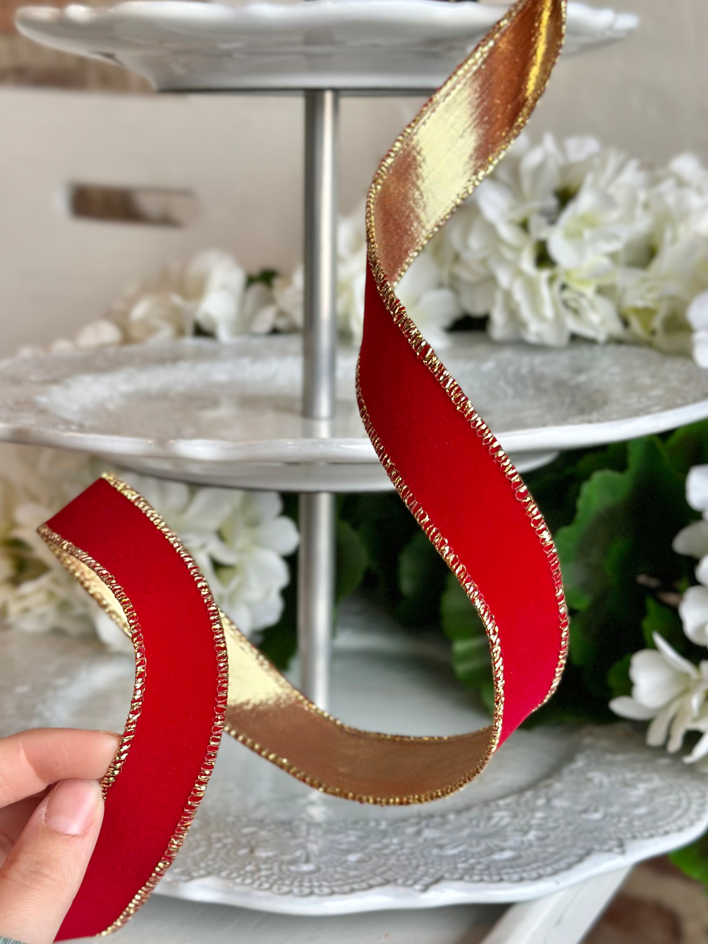 1" wide, locked velvet metallic gold back, cranberry