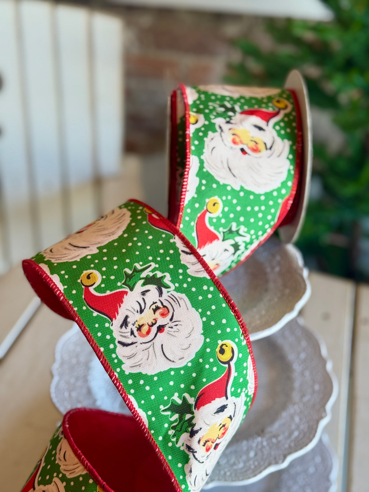 4" SANTA FACE/POLKA DOT RIBBON -SOLD BY THE YARD