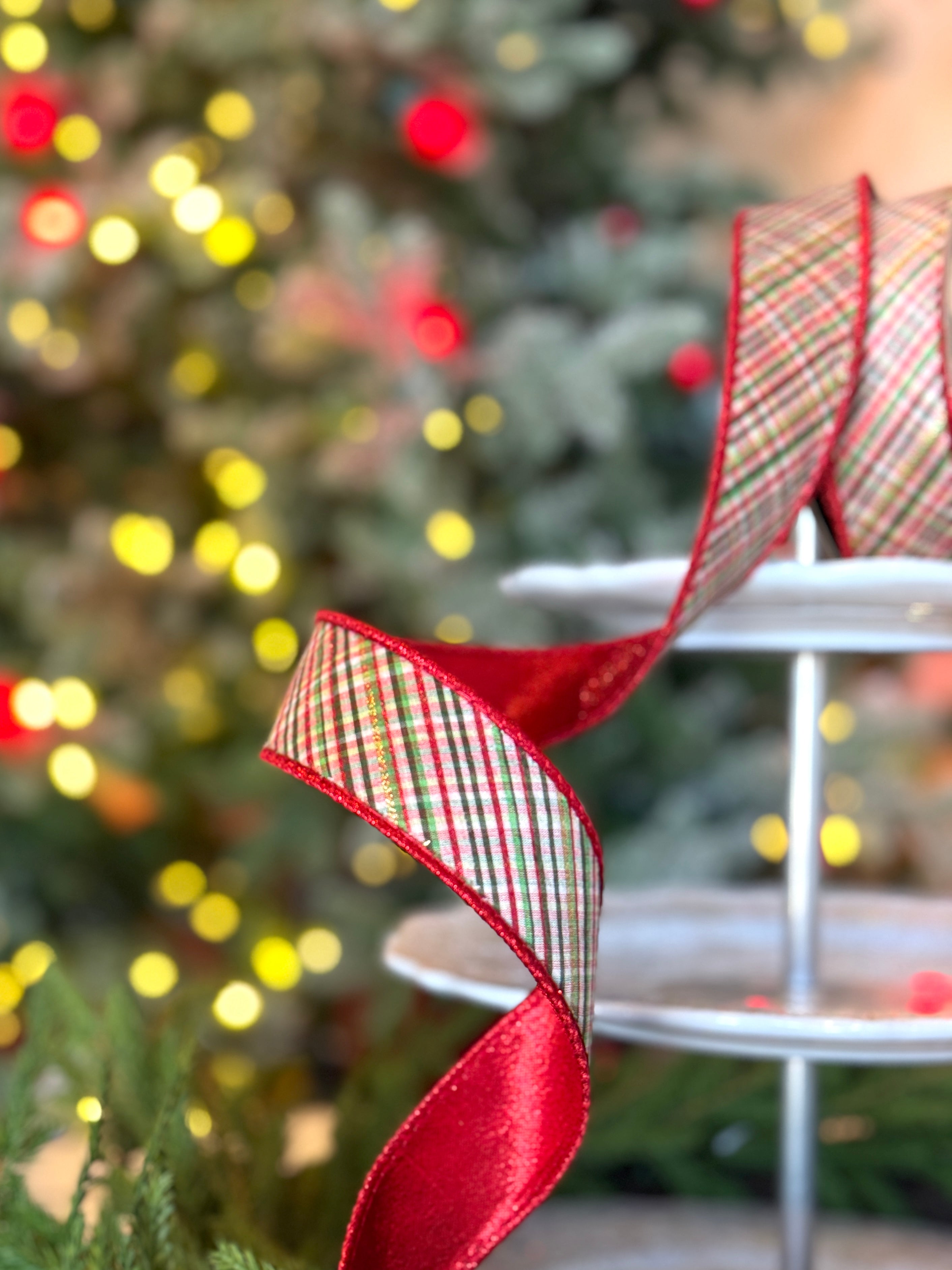 1.5" Dupion Glitter Diagonal Archer Plaid, Red Green White