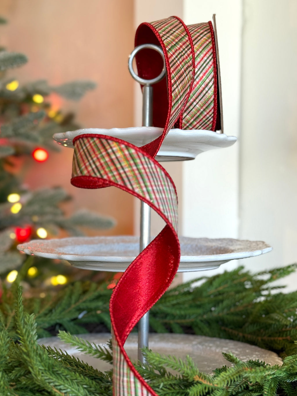 1.5" Dupion Glitter Diagonal Archer Plaid, Red Green White