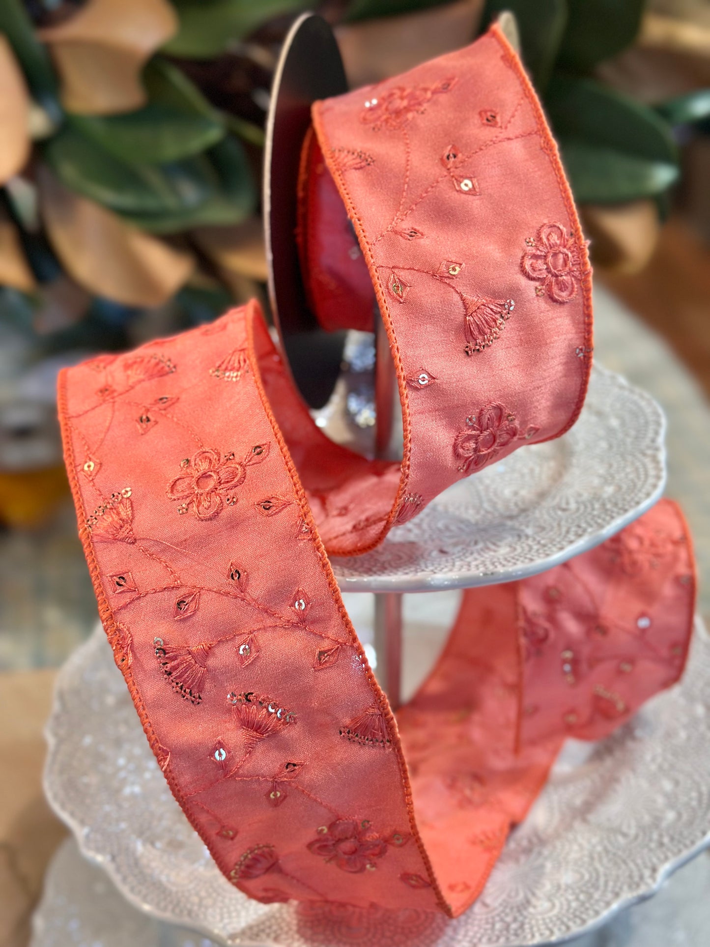 2.5" wide, dupion sequin embroidery floral, coral. 10 yard roll