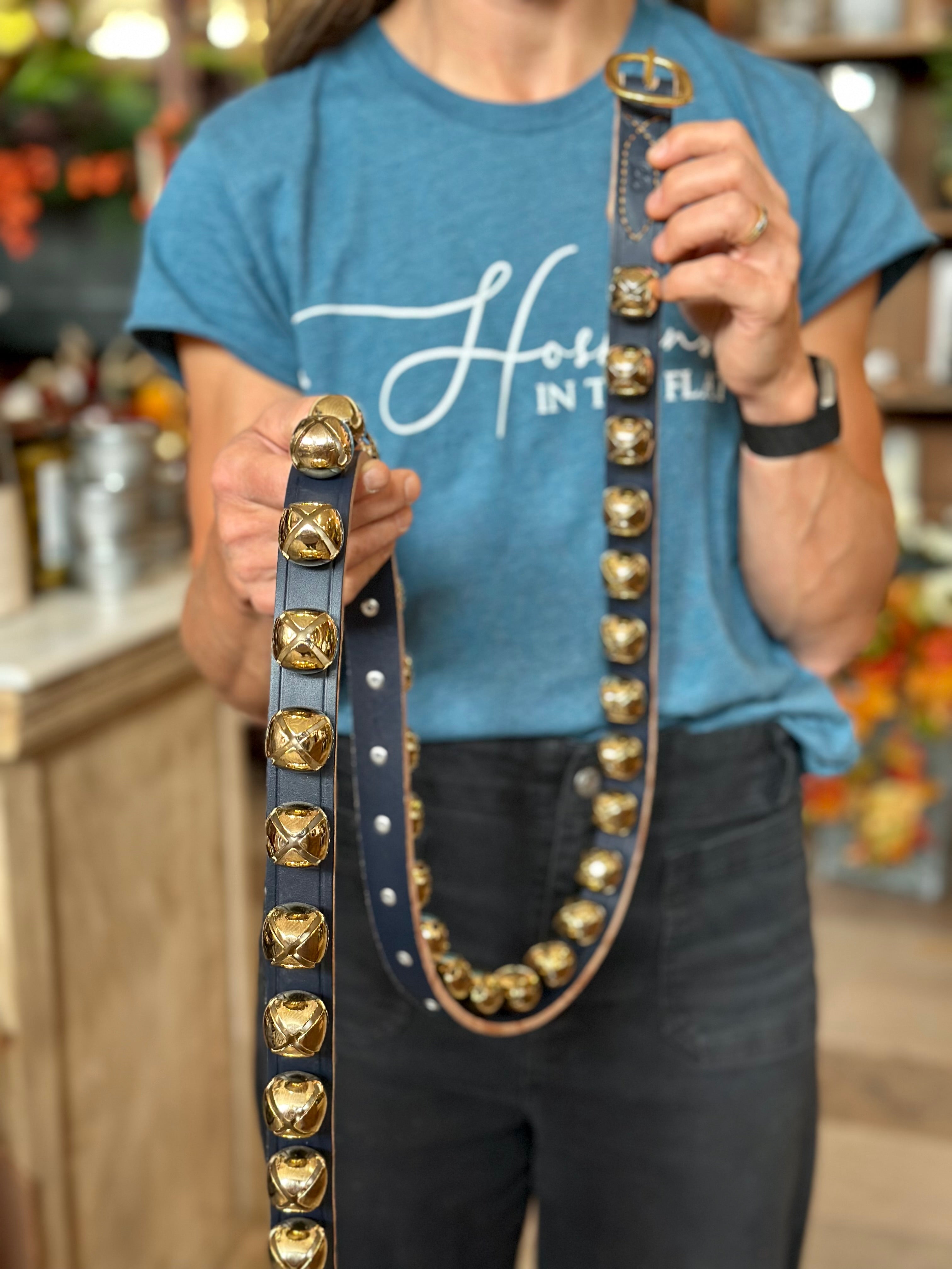 5' Black Leather Strap with Brass Bells