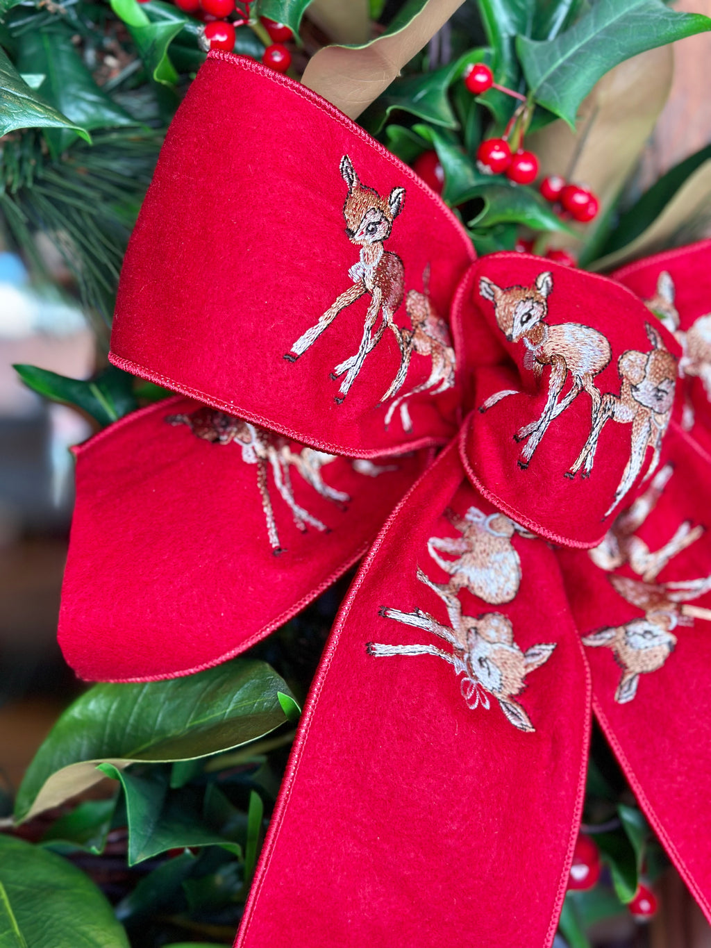 Doe and Holly Wreath with Bow