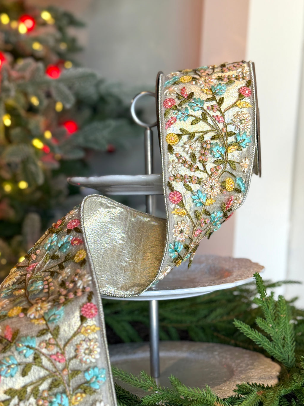 3.75" Wide metallic dupion jewel floral applique, platinum pink blue