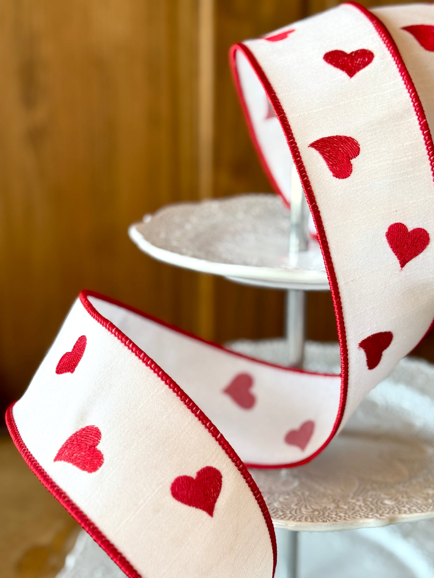 2.5" Wide Red Heart Embroidery Ribbon