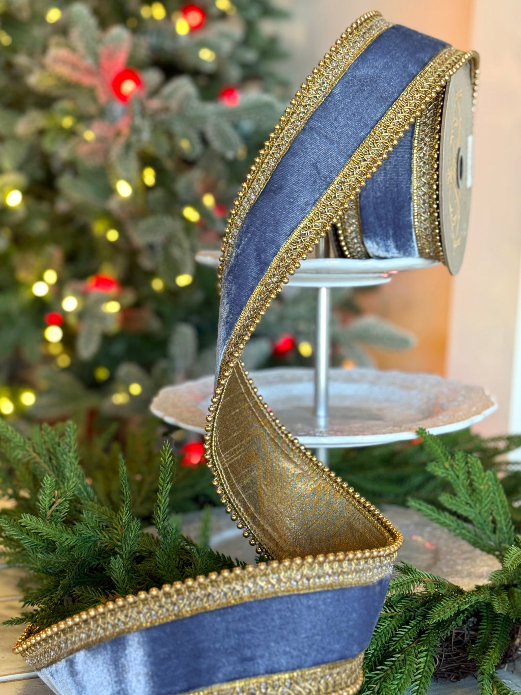 2.5” Dusty Blue Velvet with Gold Bead Details