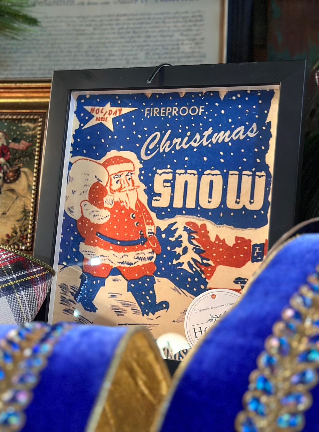 Vintage 8x10 Black Framed Christmas Snow Santa