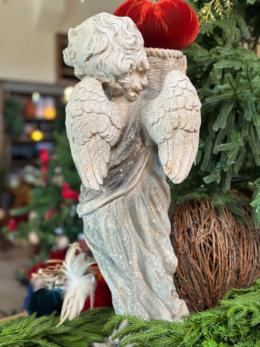 Patina Cherub Statue Holding Horn