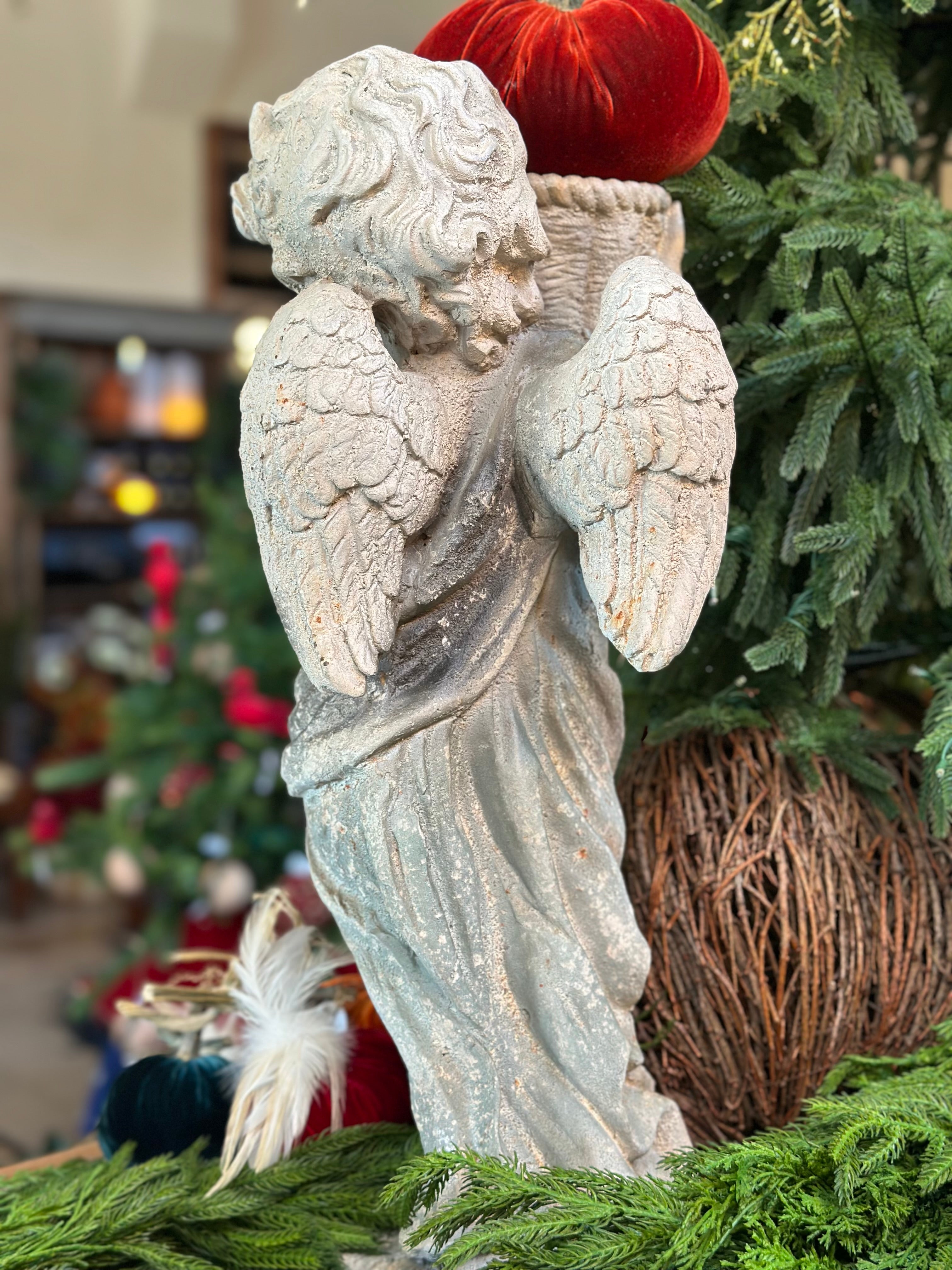 Patina Cherub Statue Holding Horn