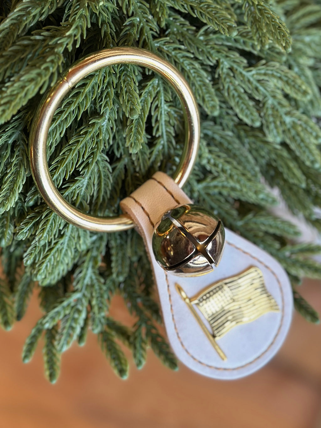 Flag with Single Brass Bell on Ring- White Leather